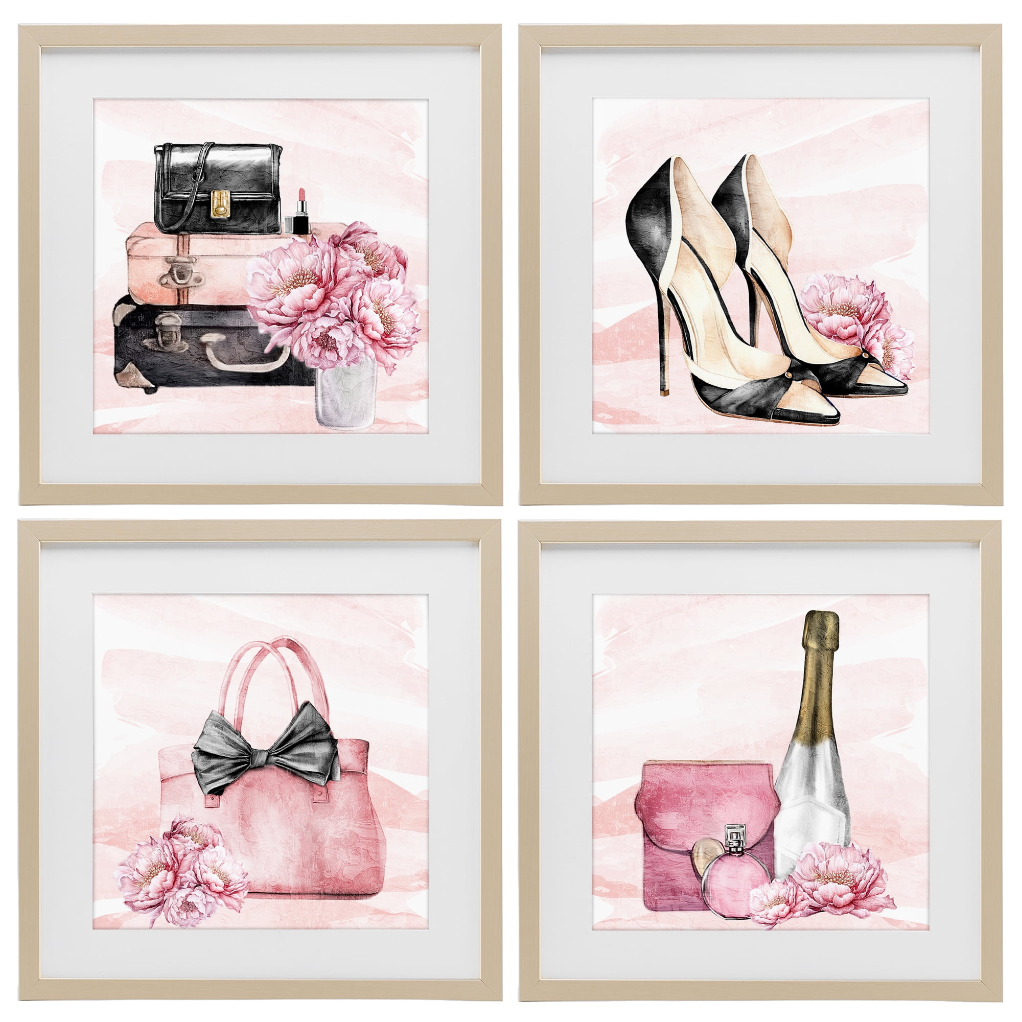 Stupell Industries Glam Time Accessories 4 Piece Birch Framed Print Under Glass Set, design by Kim Allen