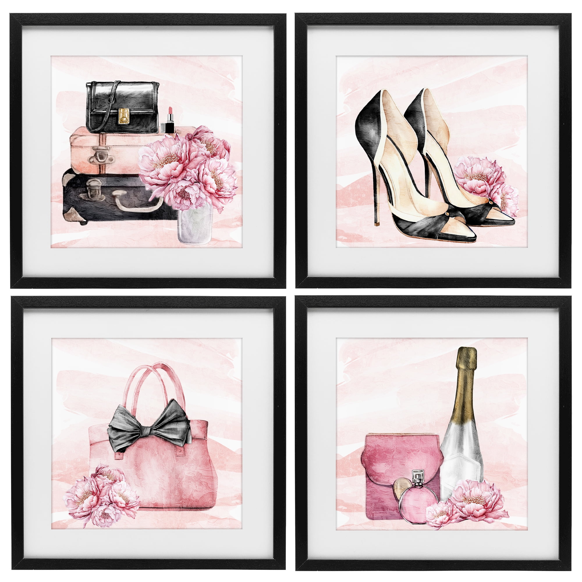 Stupell Industries Glam Time Accessories 4 Piece Black Framed Print Under Glass Set, design by Kim Allen