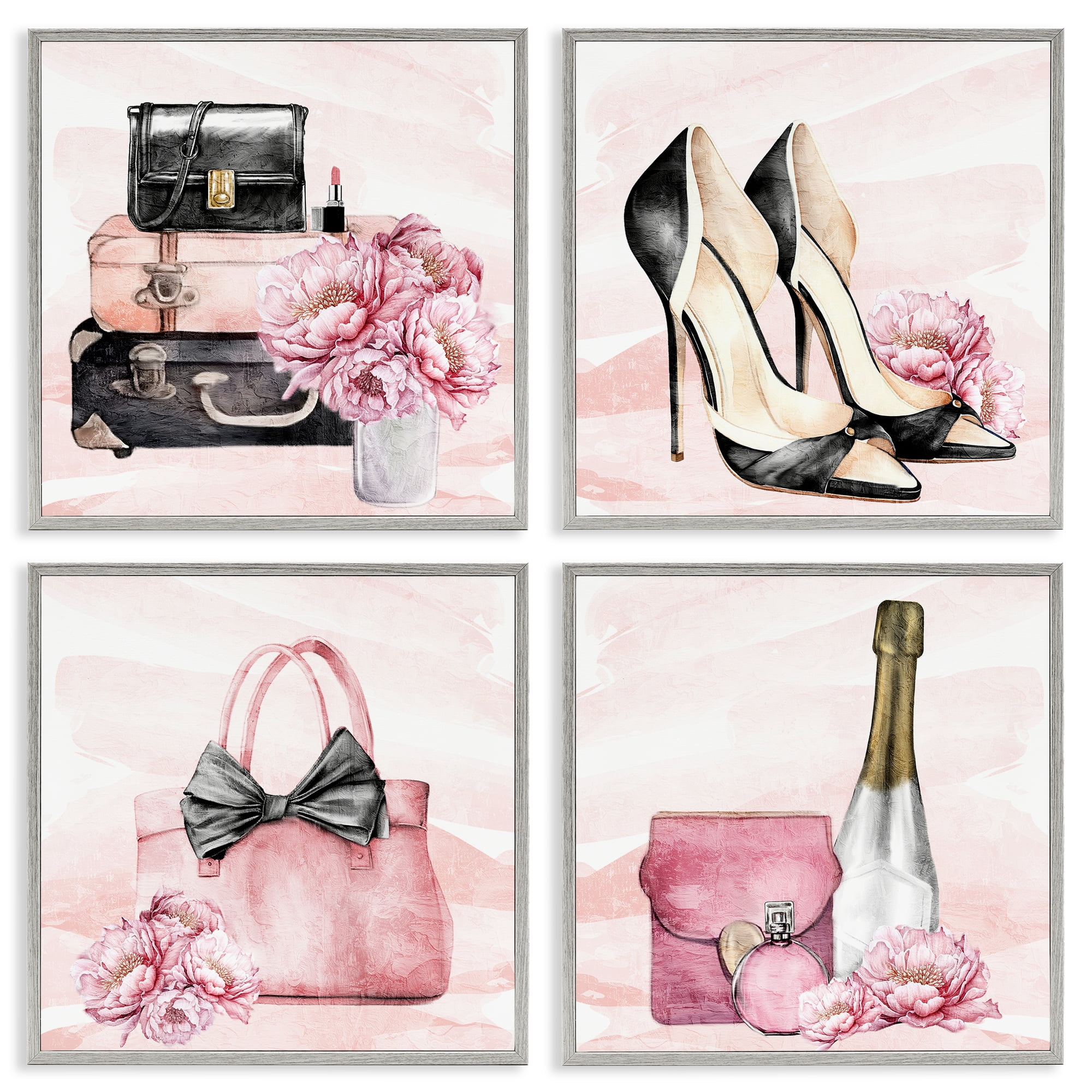 Stupell Industries Glam Time Accessories 4 Piece Gray Framed Giclee Art Set, design by Kim Allen