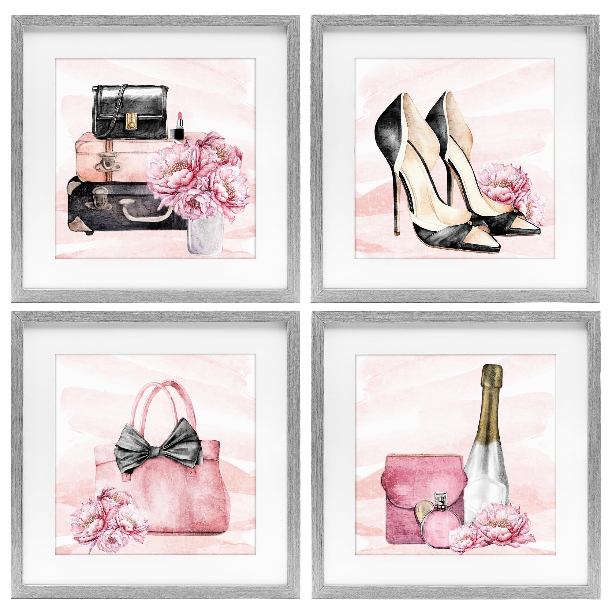 Stupell Industries Glam Time Accessories 4 Piece Gray Framed Print Under Glass Set, design by Kim Allen