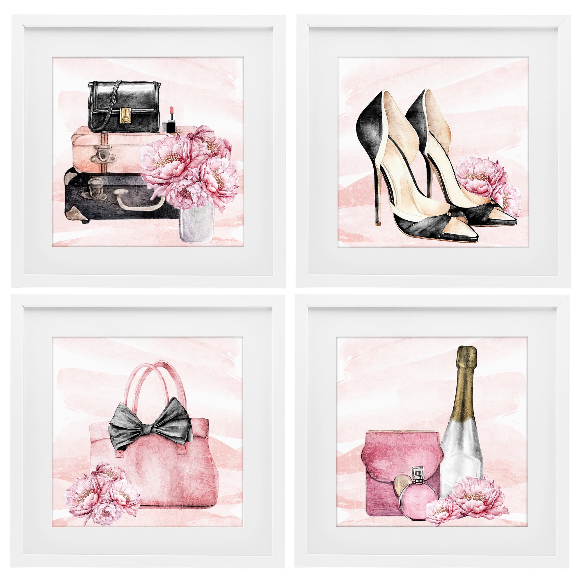 Stupell Industries Glam Time Accessories 4 Piece White Framed Print Under Glass Set, design by Kim Allen