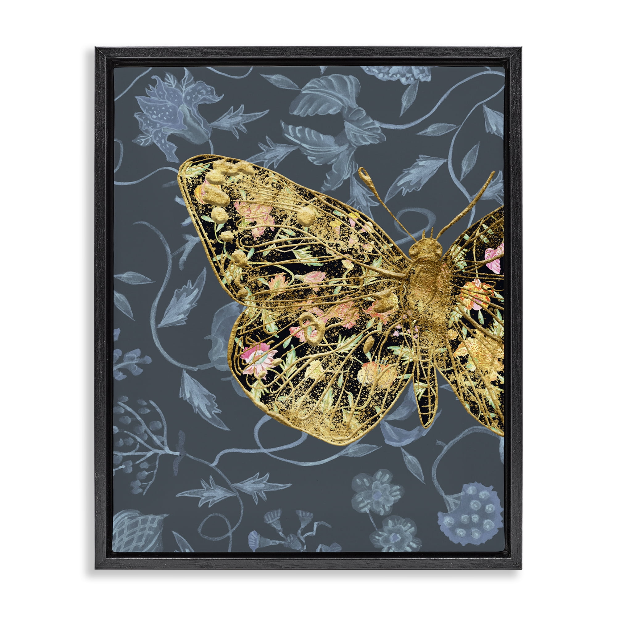 Stupell Industries Glam Traditional Butterfly Animals & Insects Painting Black Floater Framed Canvas Art Print Wall Art, 25 x 31