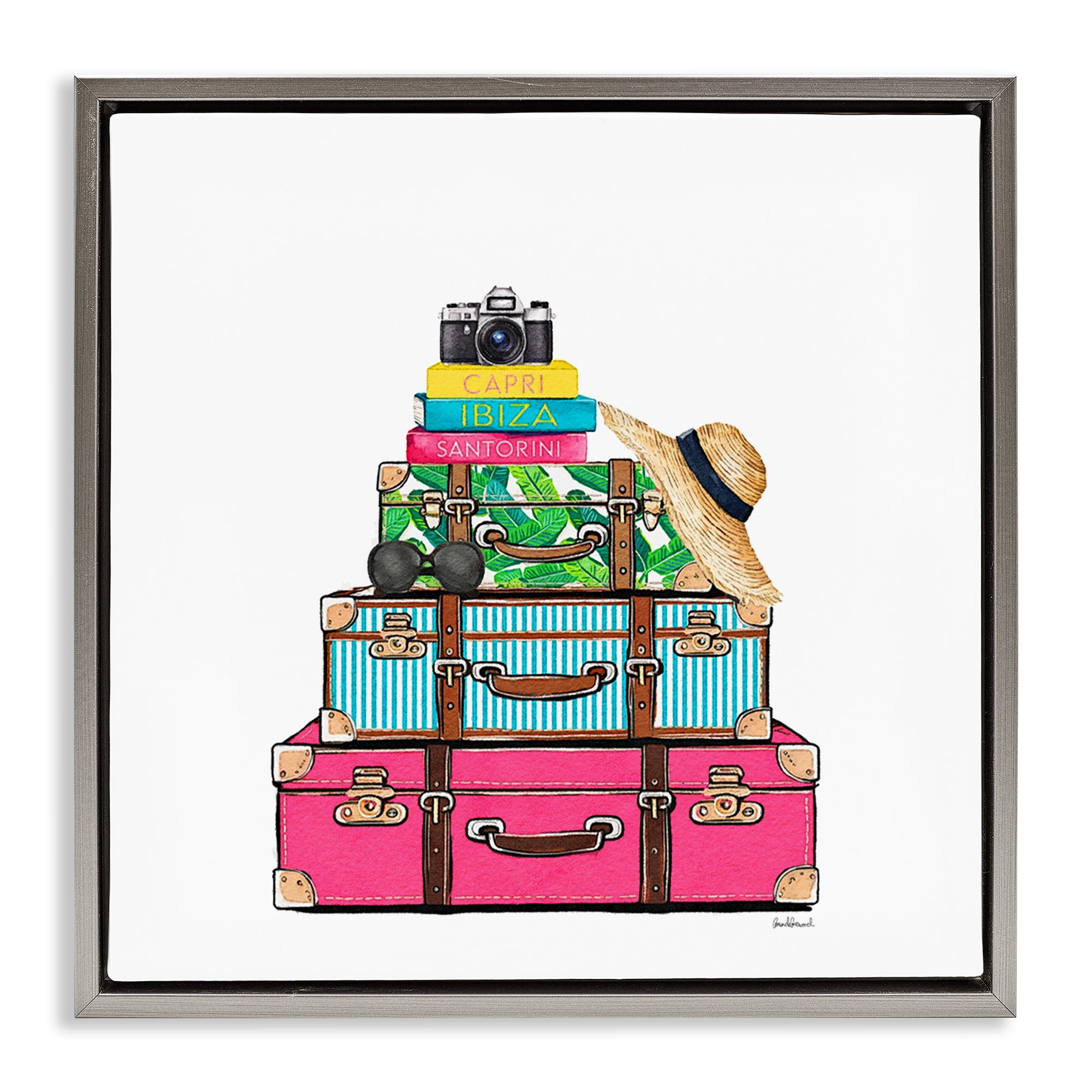 Stupell Industries Glam Travel Suitcases Gray Framed Floater Canvas Wall Art, design by Amanda Greenwood