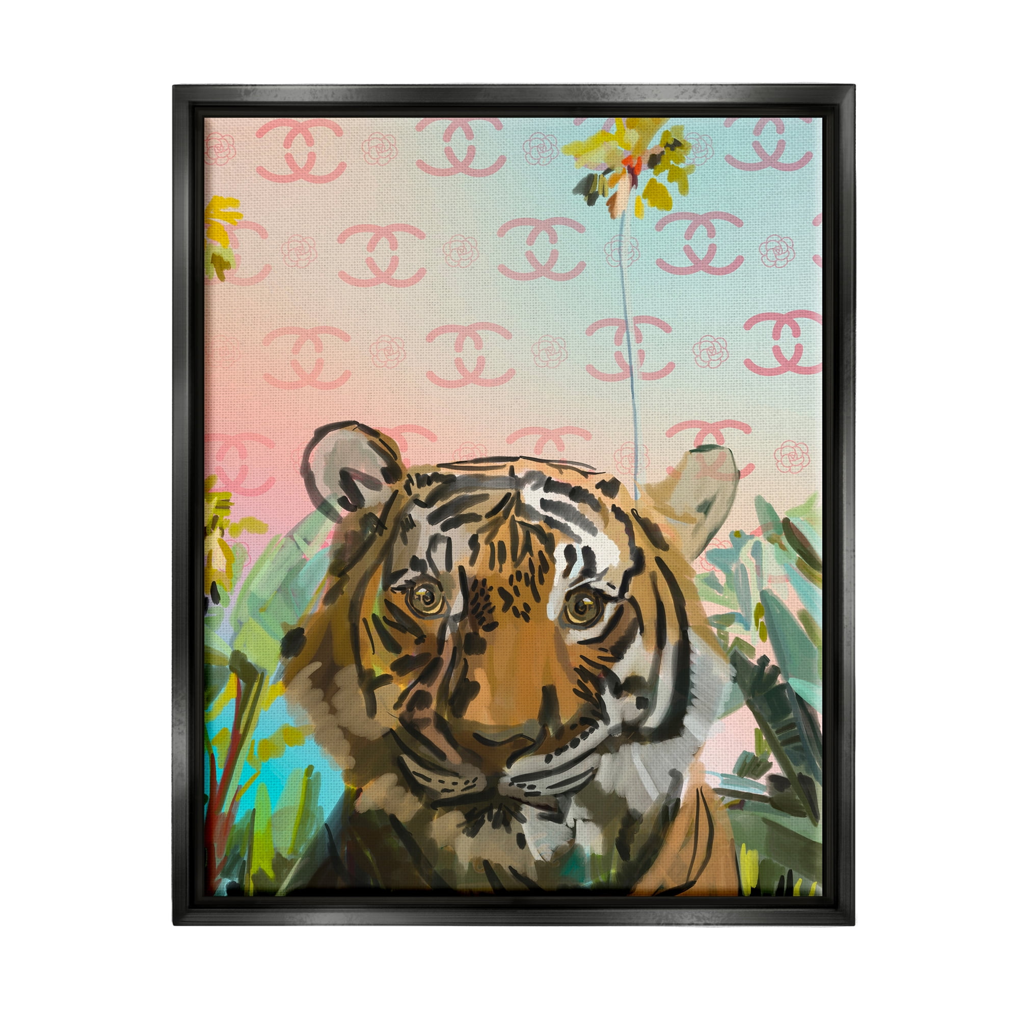 Stupell Industries Glam Tropical Tiger Animals & Insects Painting Black Floater Framed Art Print Wall Art, 25 x 31