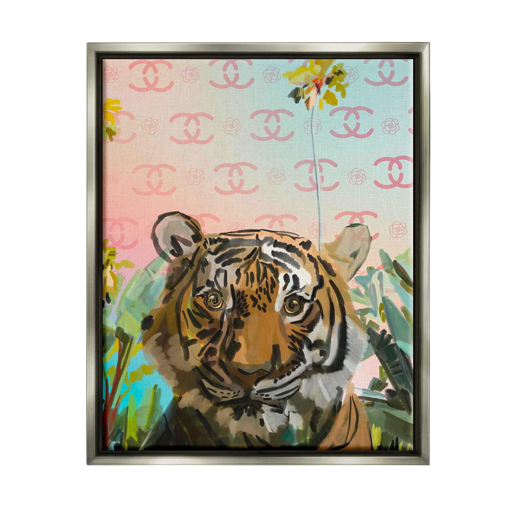 Stupell Industries Glam Tropical Tiger Animals & Insects Painting Gray Floater Framed Art Print Wall Art, 17 x 21