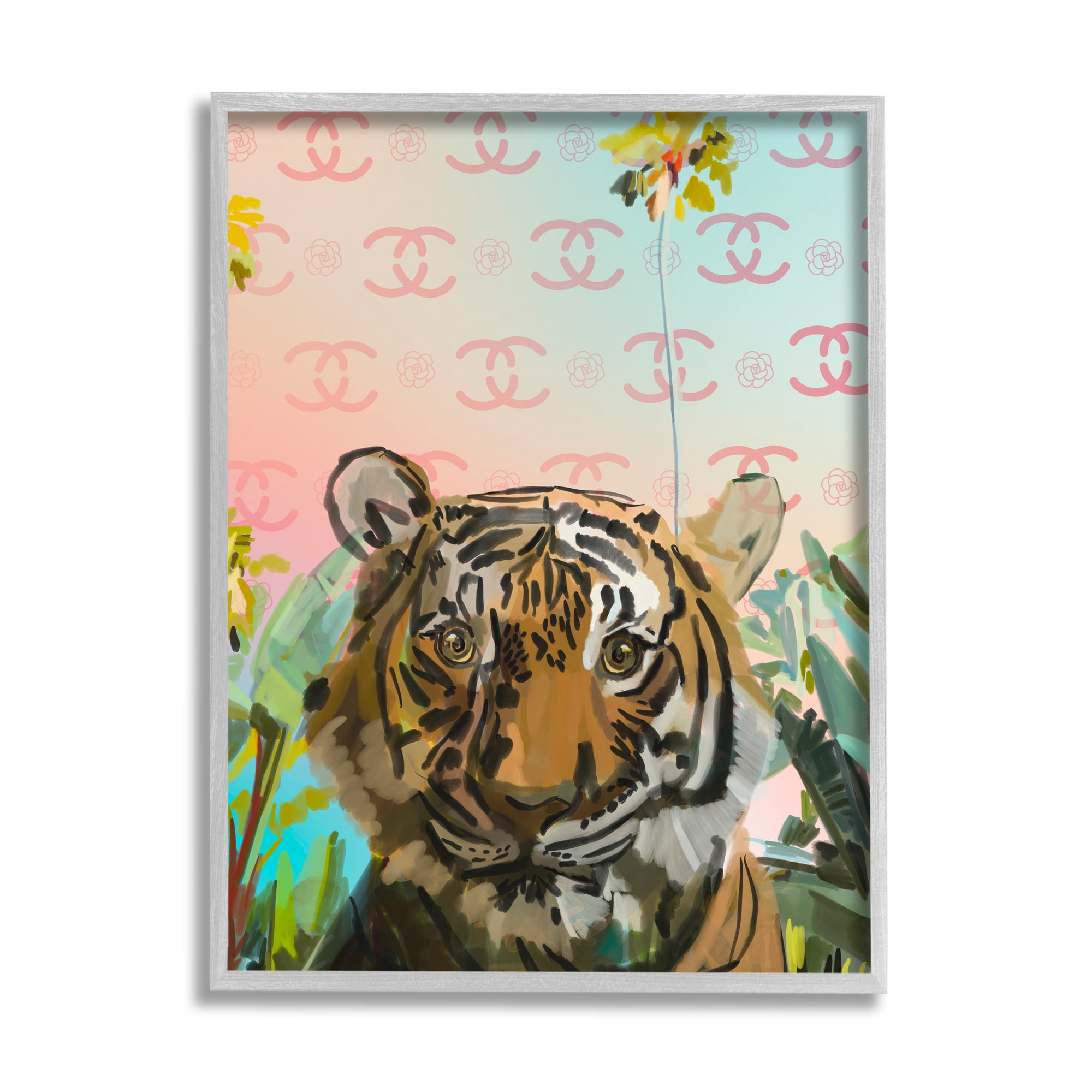 Stupell Industries Glam Tropical Tiger Animals & Insects Painting Gray Framed Art Print Wall Art, 11 x 14