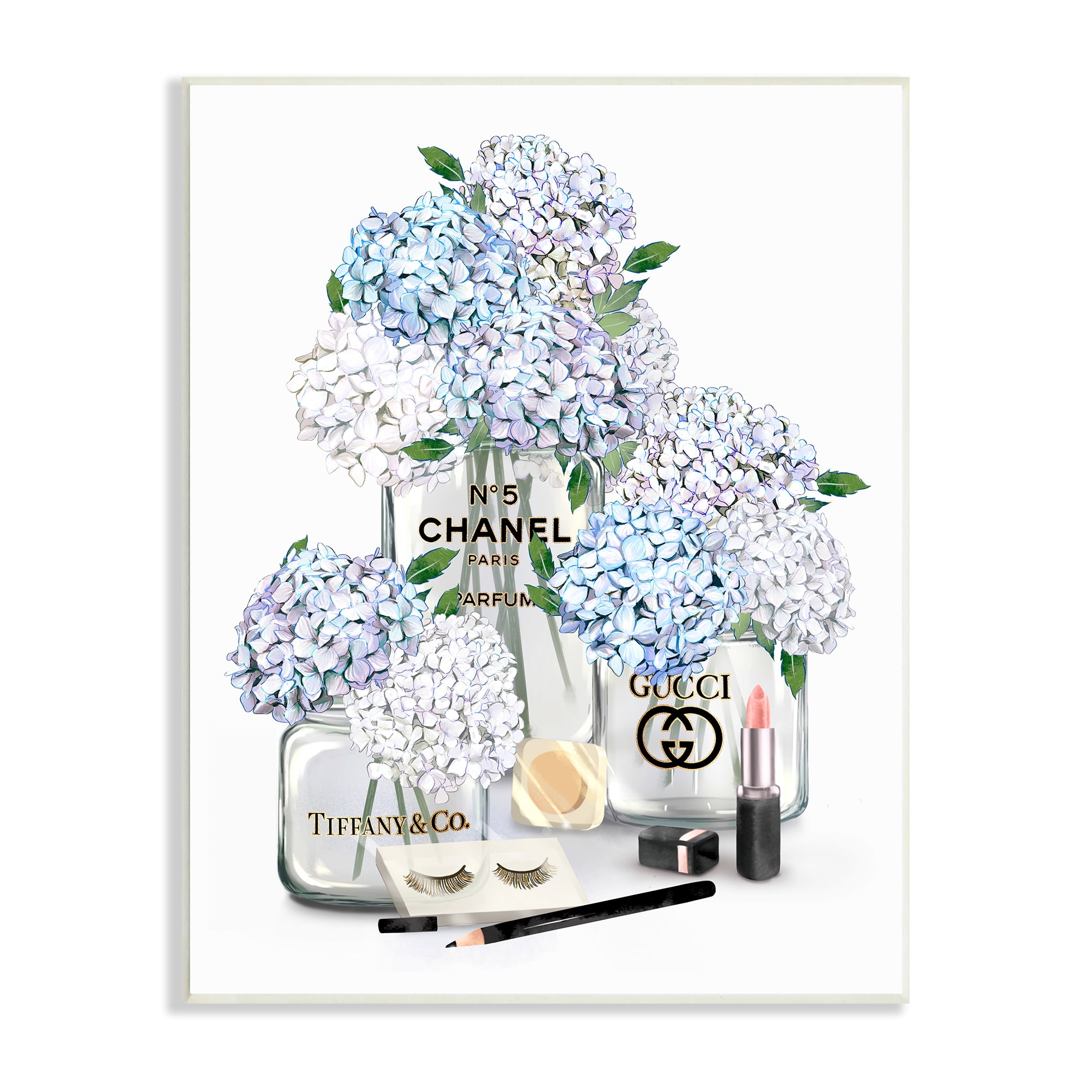 Stupell Industries Glam White Blue Hydrangeas Designer Perfume Bottles Lipstick Illustration, 13 x 19, Design by Ziwei Li
