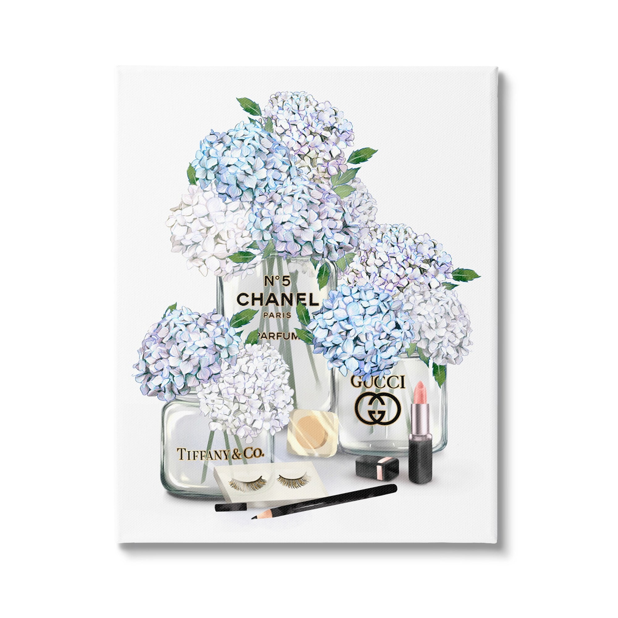 Stupell Industries Glam White Blue Hydrangeas Designer Perfume Bottles Lipstick Illustration, 24 x 30, Design by Ziwei Li