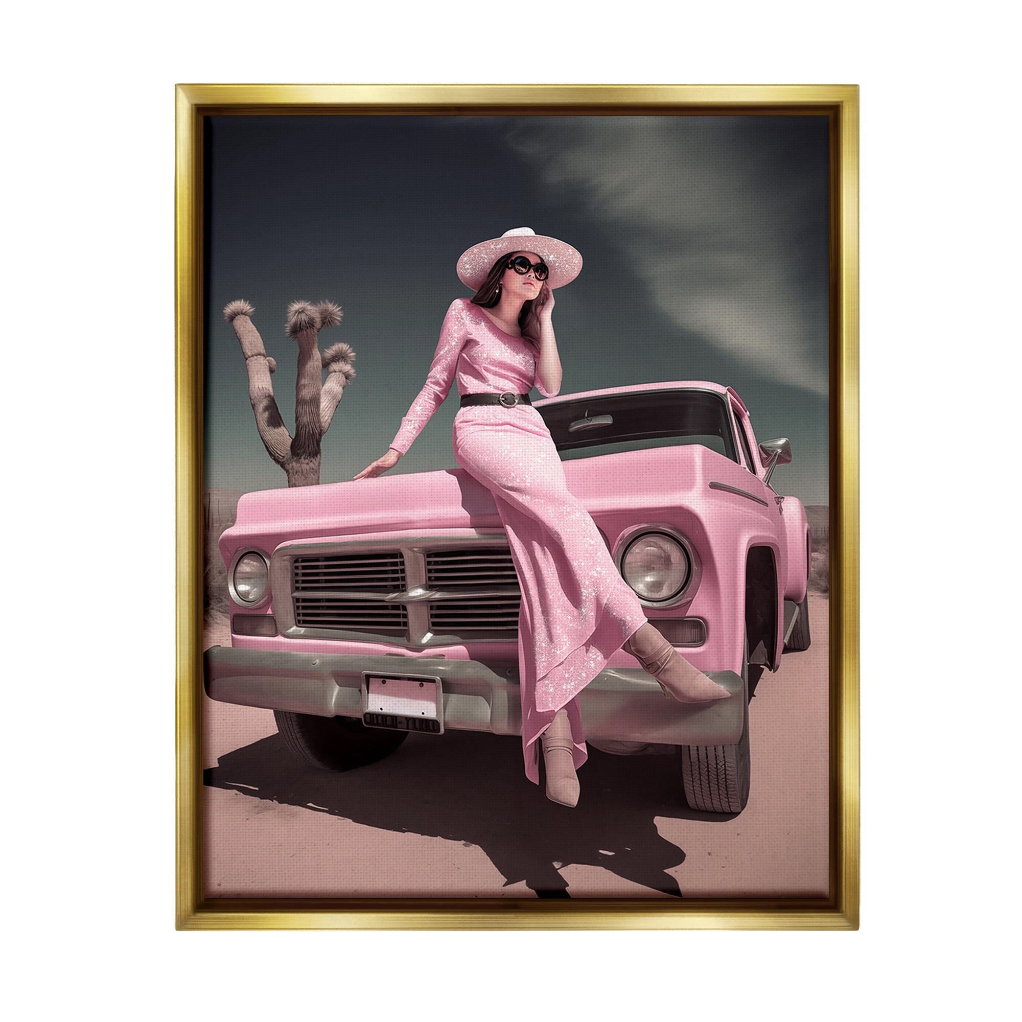 Stupell Industries Glam Woman in Desert Transportation Photography Gold Floater Framed Canvas Art Print Wall Art, 25 x 31