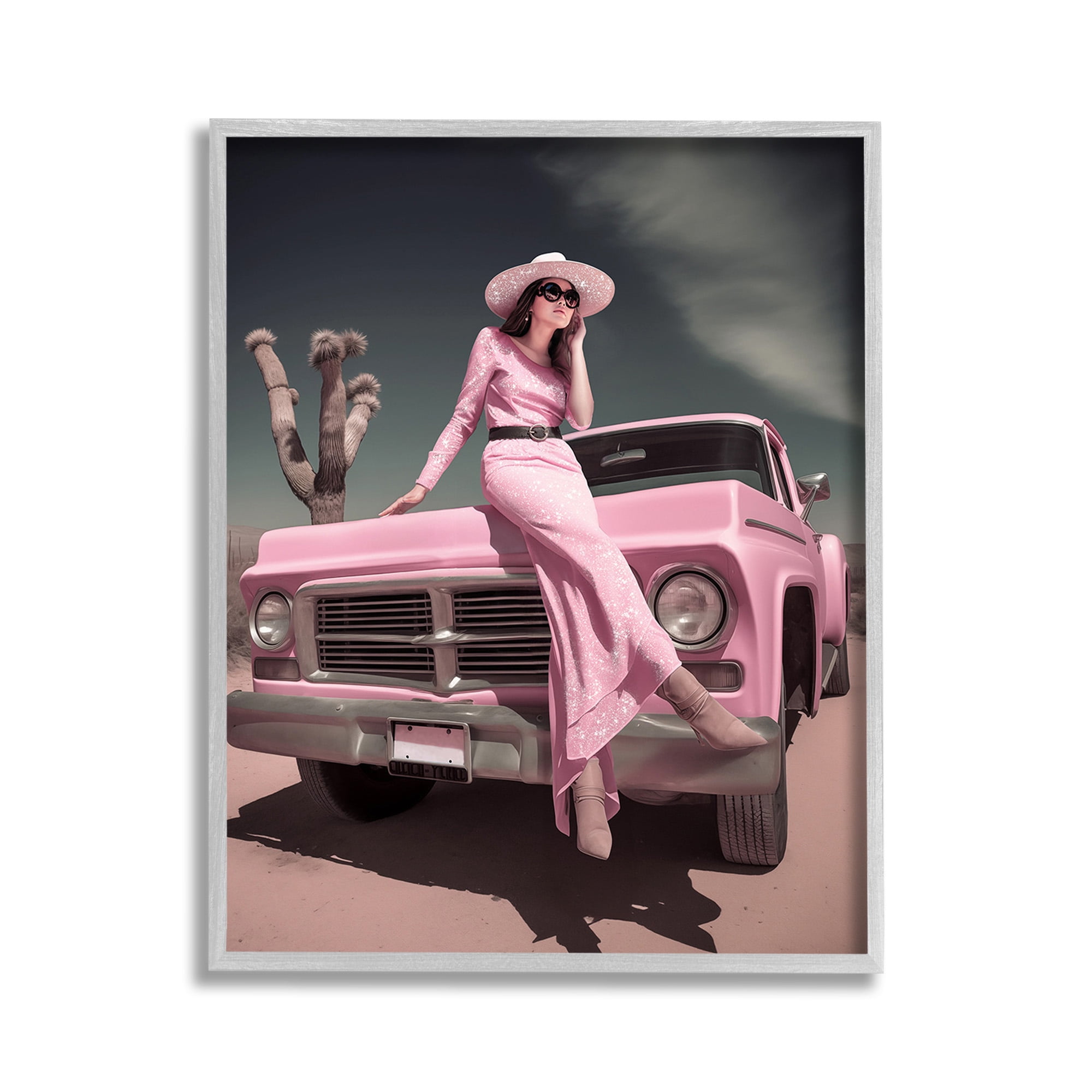 Stupell Industries Glam Woman in Desert Transportation Photography Gray Framed Art Print Wall Art, 11 x 14