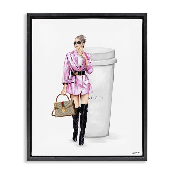 Stupell Industries Glam Woman with Coffee People Painting Black Floater Framed Canvas Art Print Wall Art, 25 x 31