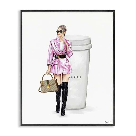 Stupell Industries Glam Woman with Coffee People Painting Black Framed Art Print Wall Art, 11 x 14