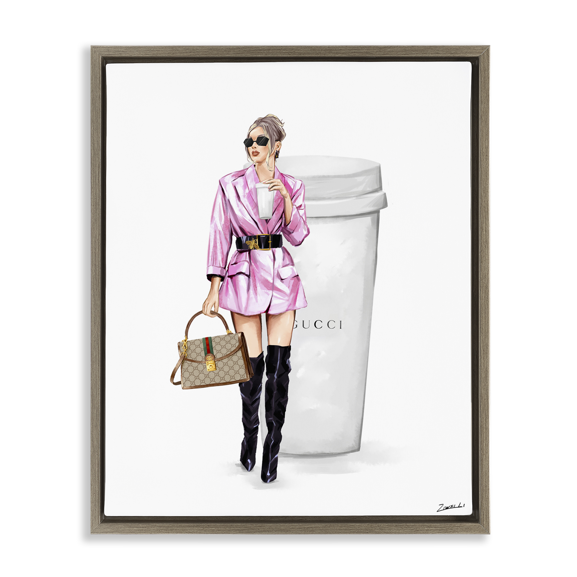 Stupell Industries Glam Woman with Coffee People Painting Brown Floater Framed Canvas Art Print Wall Art, 25 x 31