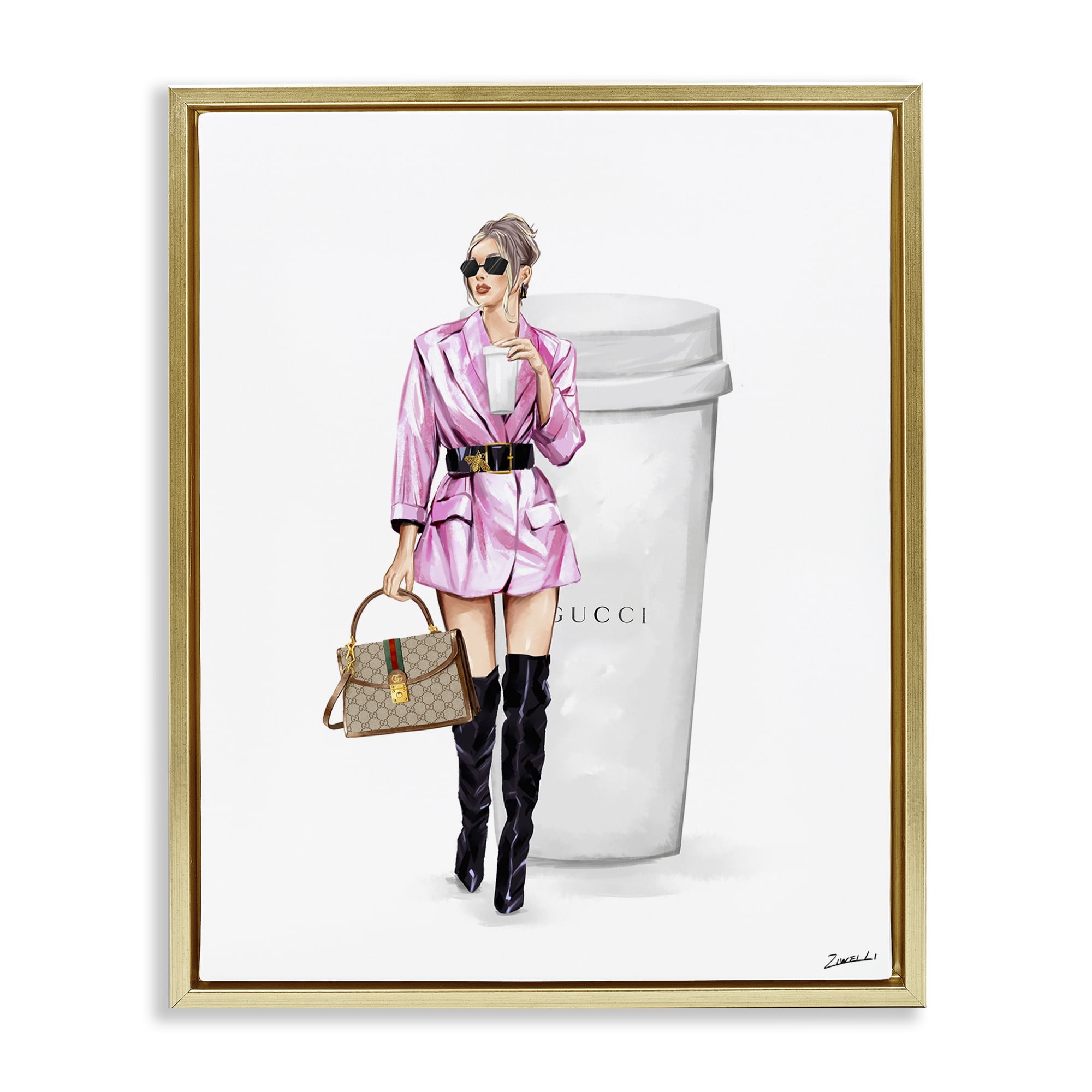 Stupell Industries Glam Woman with Coffee People Painting Gold Floater Framed Canvas Art Print Wall Art, 17 x 21