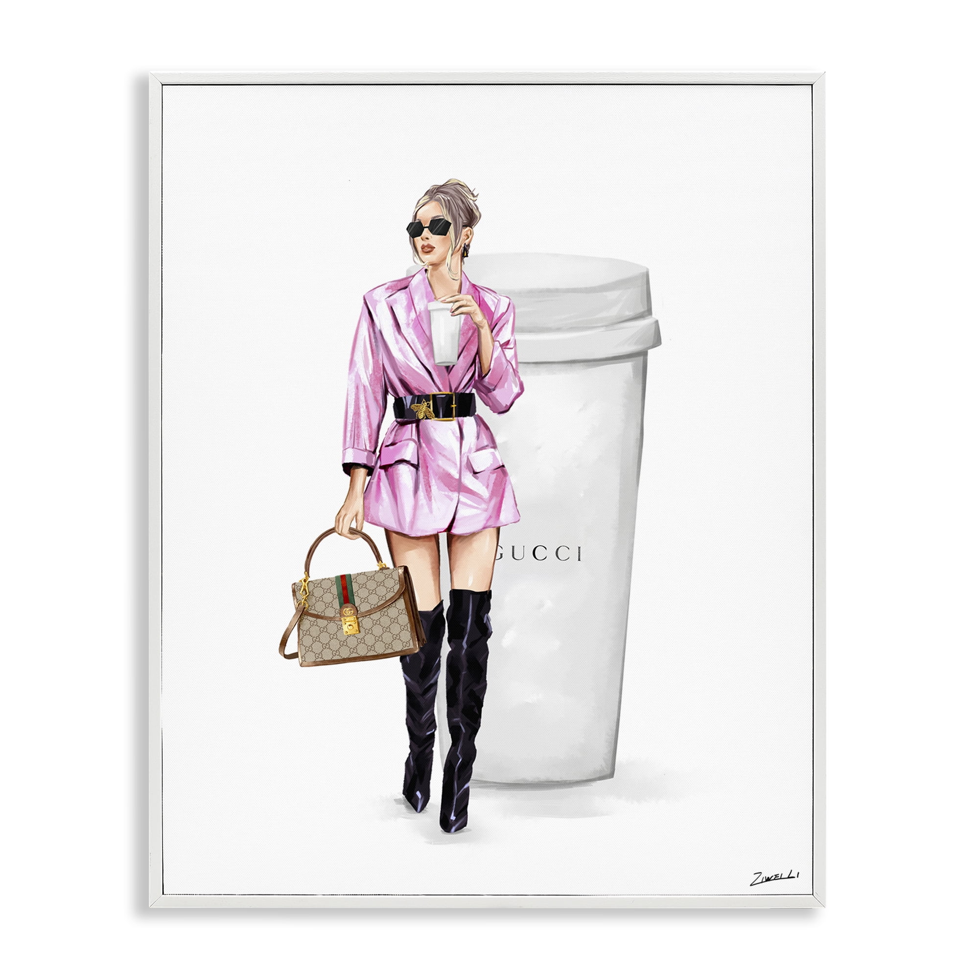 Stupell Industries Glam Woman with Coffee People Painting White Framed Art Print Wall Art, 16 x 20