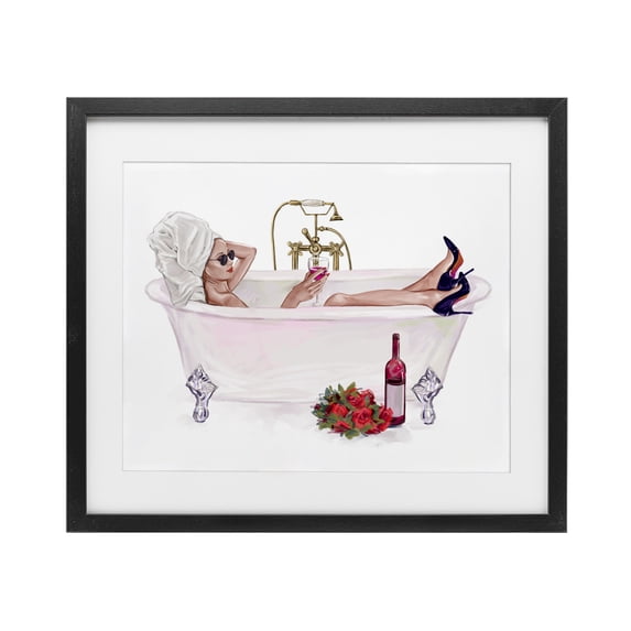 Stupell Industries Glam Woman with Wine Bath Black Framed Print Under Glass, 16 x 13, by Ziwei Li