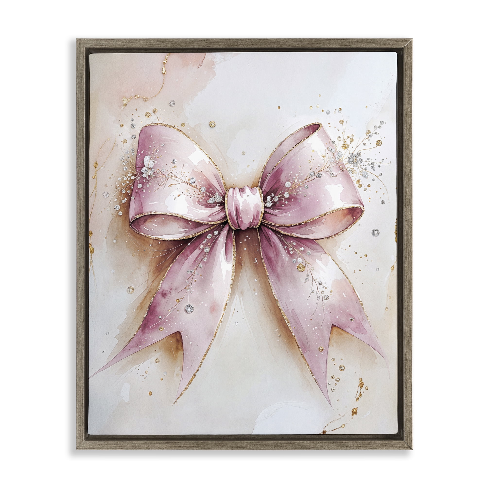 Stupell Industries Glamorous Blush Pink Bow Brown Framed Floater Canvas Wall Art, design by Nataly White
