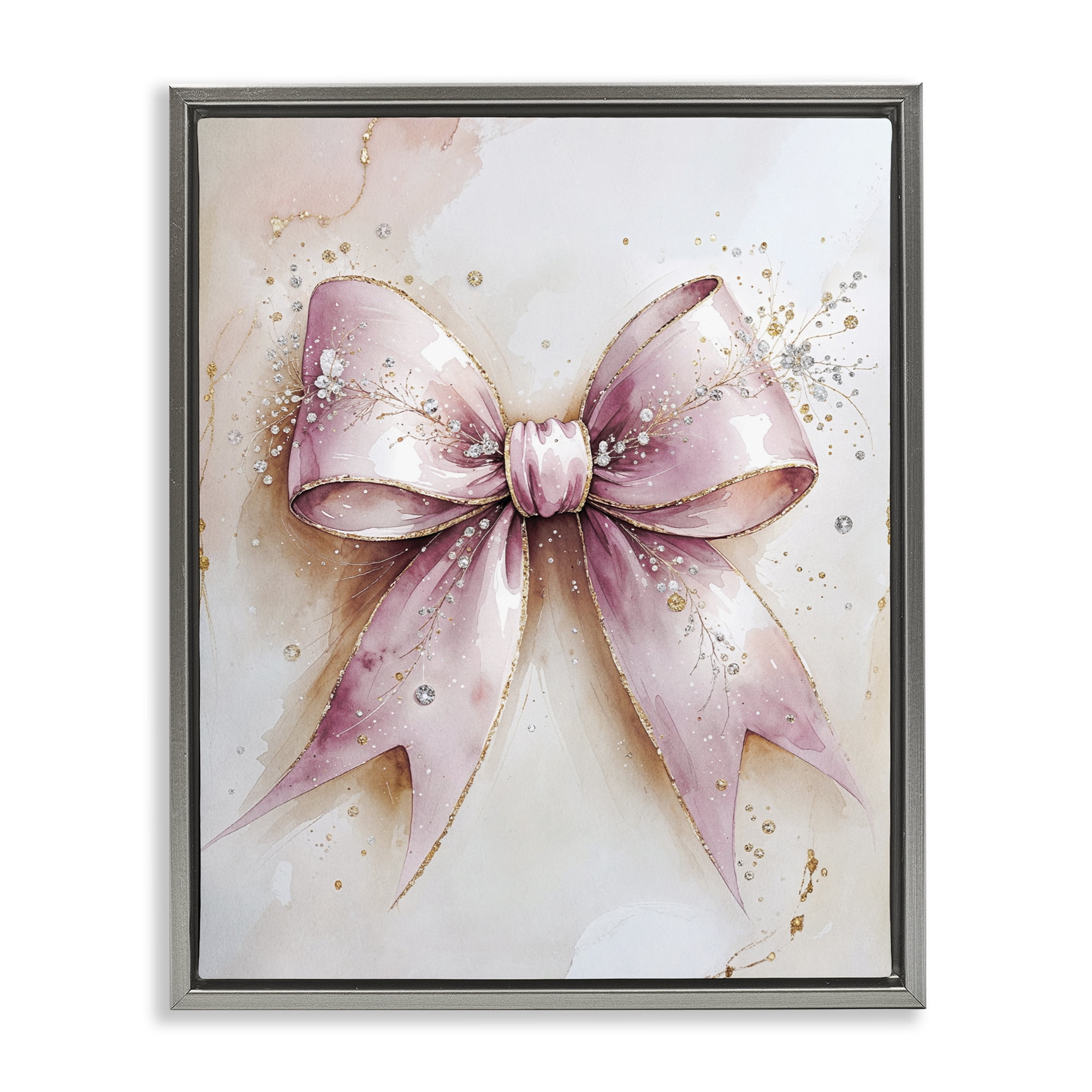 Stupell Industries Glamorous Blush Pink Bow Gray Framed Floater Canvas Wall Art, design by Nataly White