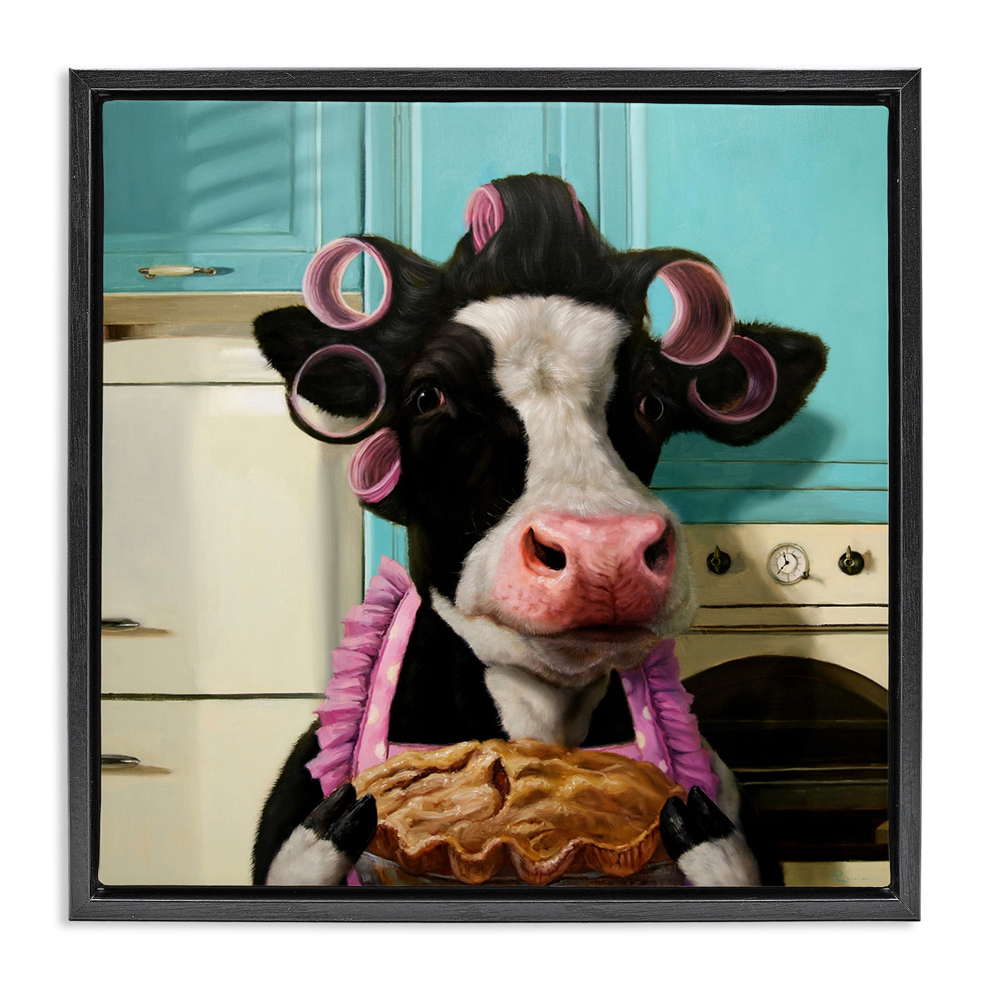 Stupell Industries Glamorous Cow Baking Pie Animals & Insects Painting Black Floater Framed Canvas Art Print Wall Art, 25 x 25