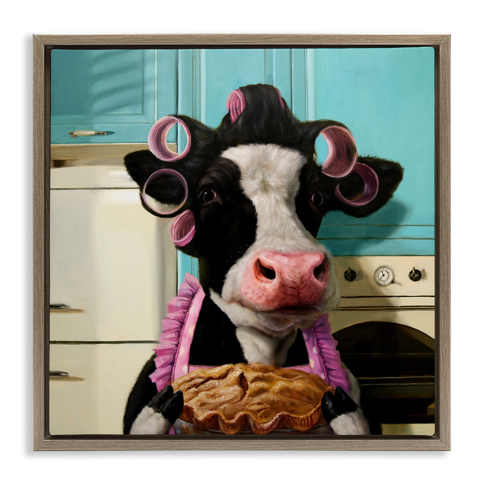 Stupell Industries Glamorous Cow Baking Pie Animals & Insects Painting Brown Floater Framed Canvas Art Print Wall Art, 18 x 18