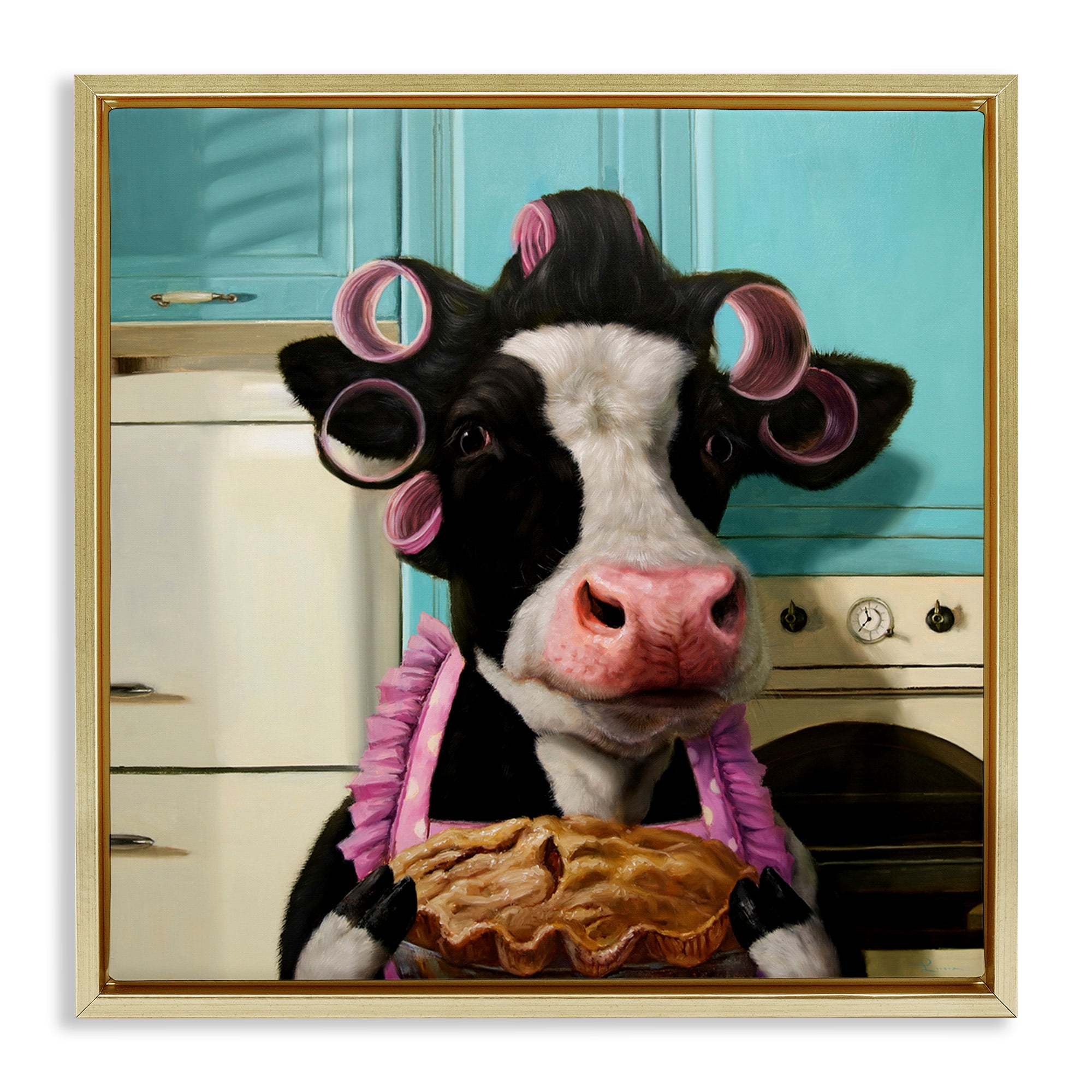 Stupell Industries Glamorous Cow Baking Pie Animals & Insects Painting Gold Floater Framed Canvas Art Print Wall Art, 18 x 18