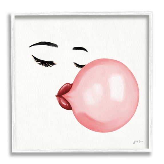 Stupell Industries Glamorous Face Blowing Bubble Gum Bold Lips Glam Painting White Framed Art Print Wall Art, 12 x 12, Design by Janelle Penner
