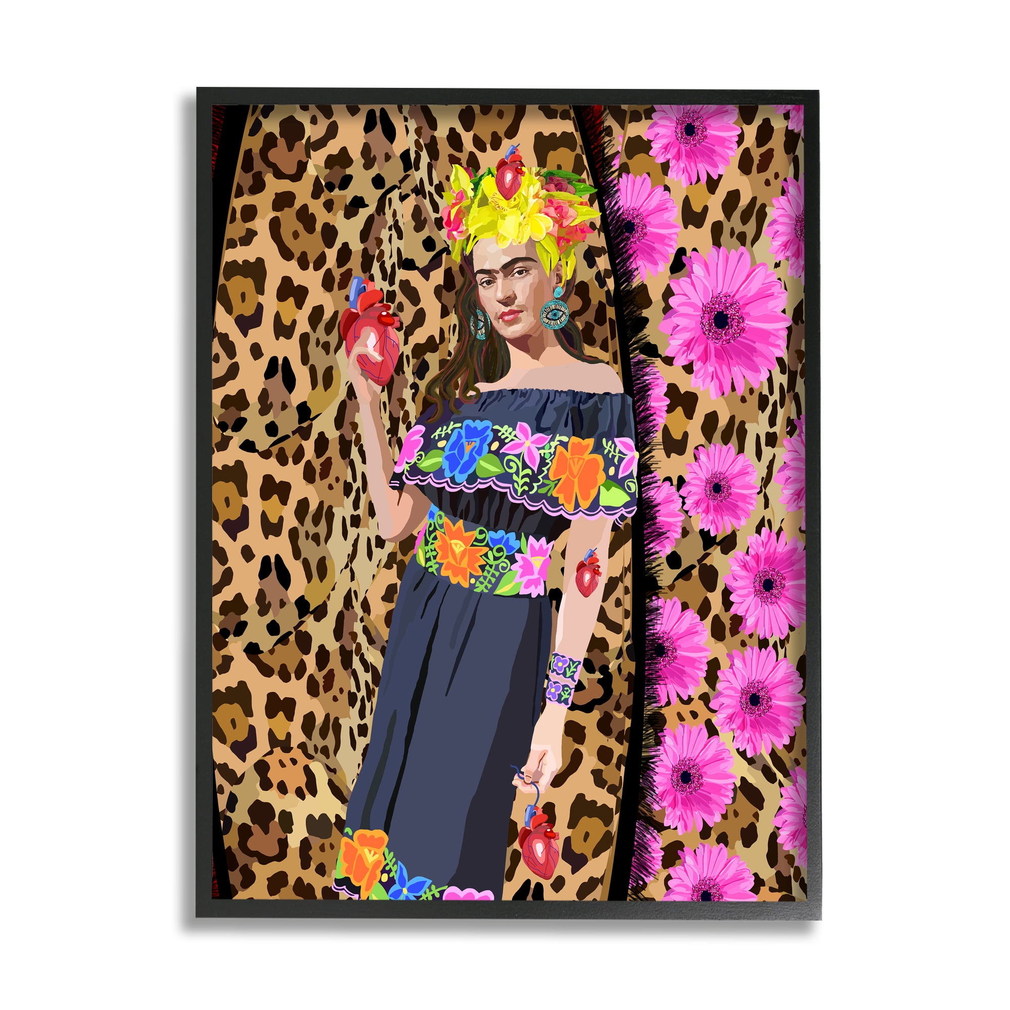 Stupell Industries Glamorous Frida Standing Leopard Pattern Bold Floral Graphic Art Black Framed Art Print Wall Art, 24x30, by Lynnda Rakos