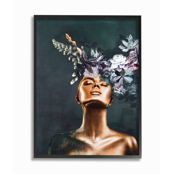 Stupell Industries Glamour Bronze Female Portrait Succulent Plants Framed Wall Art Design by Design Fabrikken, 11" x 14", Black Framed