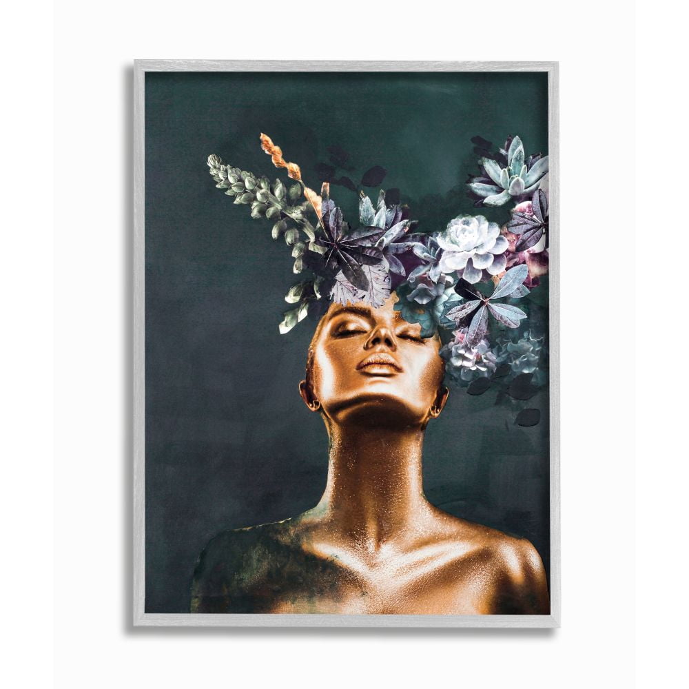 Stupell Industries Glamour Bronze Female Portrait Succulent Plants Framed Wall Art Design by Design Fabrikken, 16" x 20", Gray Framed