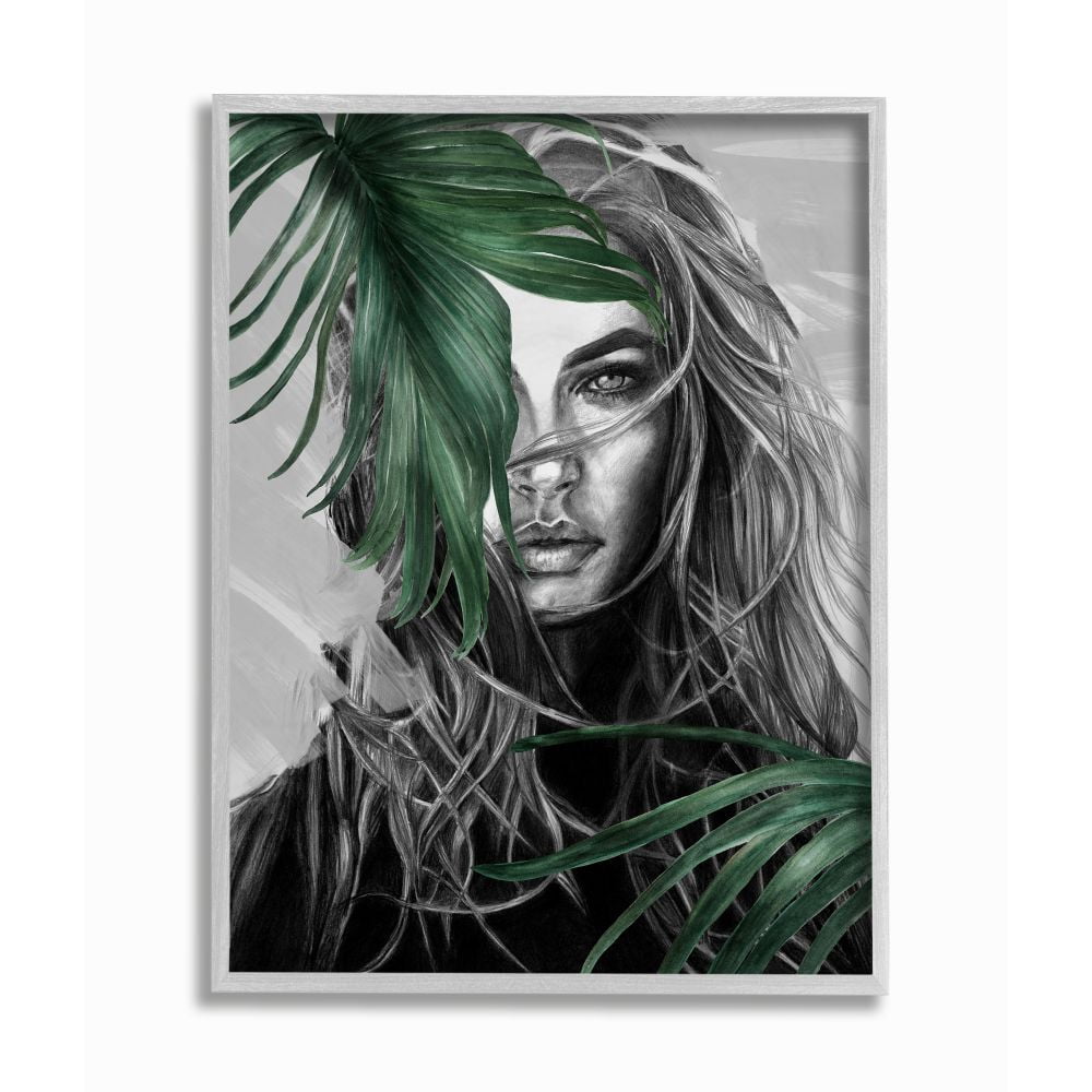 Stupell Industries Glamour Female Sketch Portrait with Fern Plants Framed Wall Art Design by Patricia Mendes, 16" x 20", Gray Framed