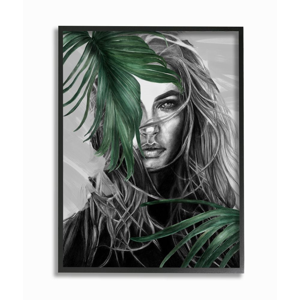 Stupell Industries Glamour Female Sketch Portrait with Fern Plants Framed Wall Art Design by Patricia Mendes, 24" x 30", Black Framed