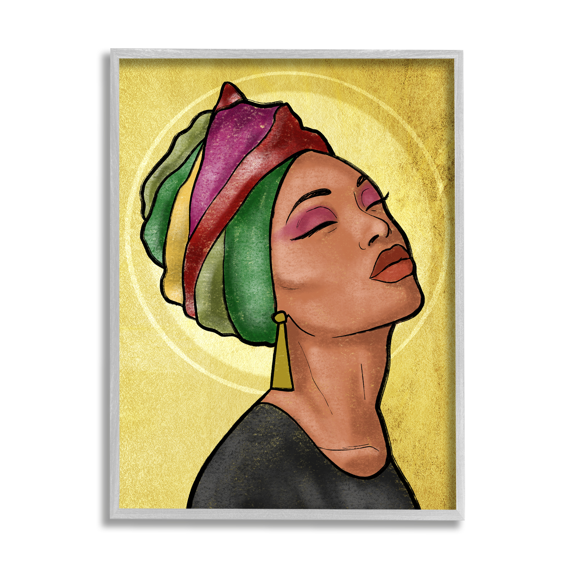 Stupell Industries Glamour Woman Portrait Fashion Cosmetics and Headwrap World Cultures Painting Gray Framed Art Print Wall Art, 16 x 20