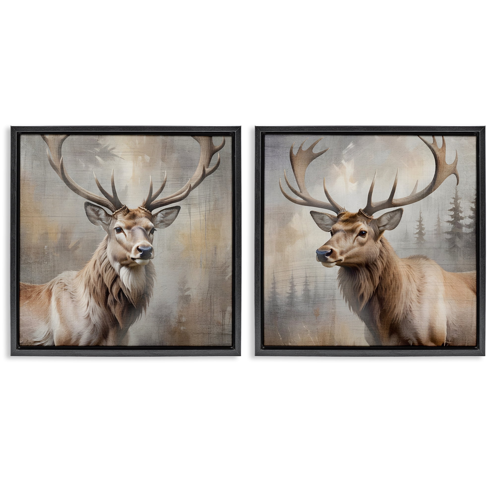 Stupell Industries Glancing Forest Stags 2 Piece Black Framed Floater Canvas Set, design by Susan Arnot