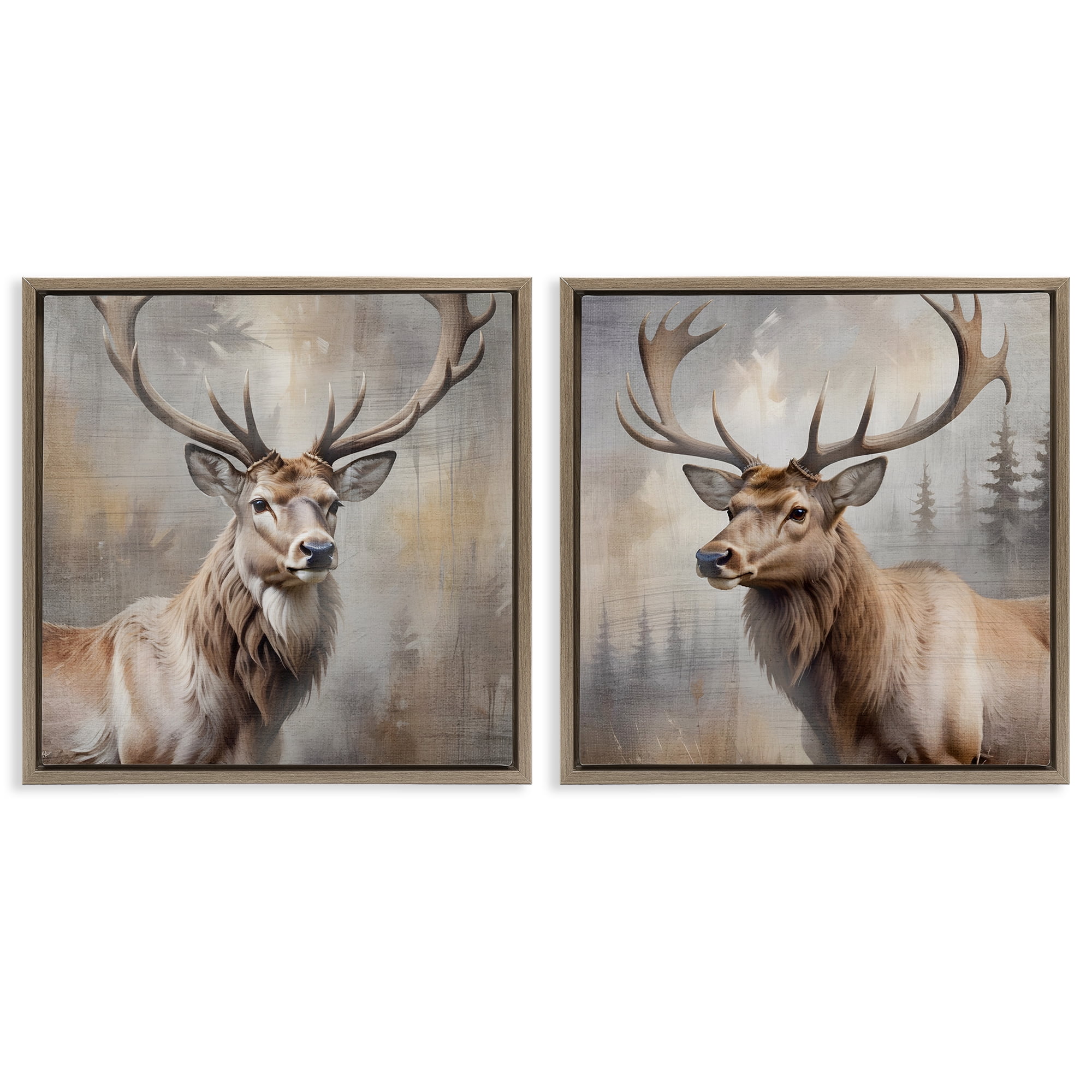 Stupell Industries Glancing Forest Stags 2 Piece Brown Framed Floater Canvas Set, design by Susan Arnot