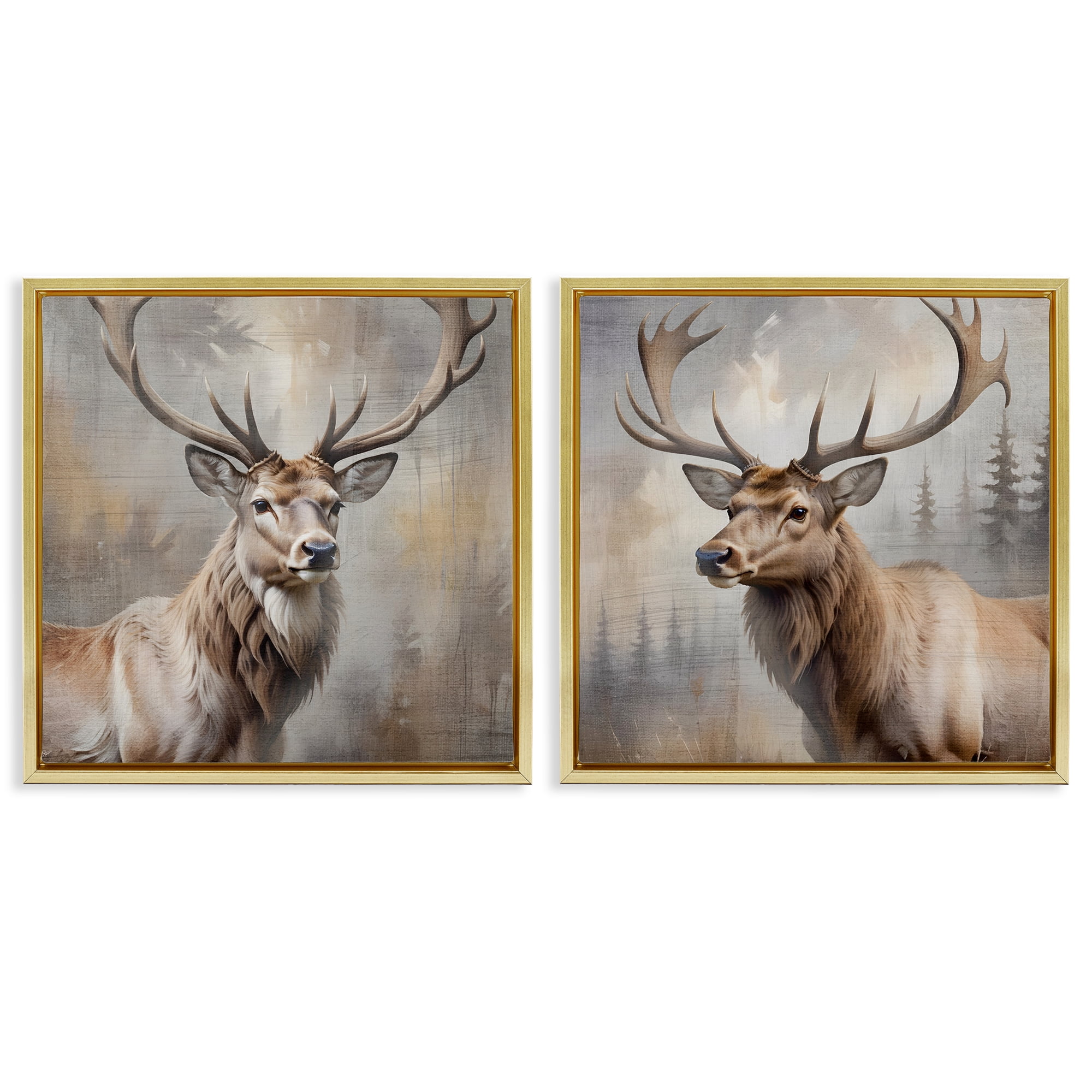 Stupell Industries Glancing Forest Stags 2 Piece Gold Framed Floater Canvas Set, design by Susan Arnot