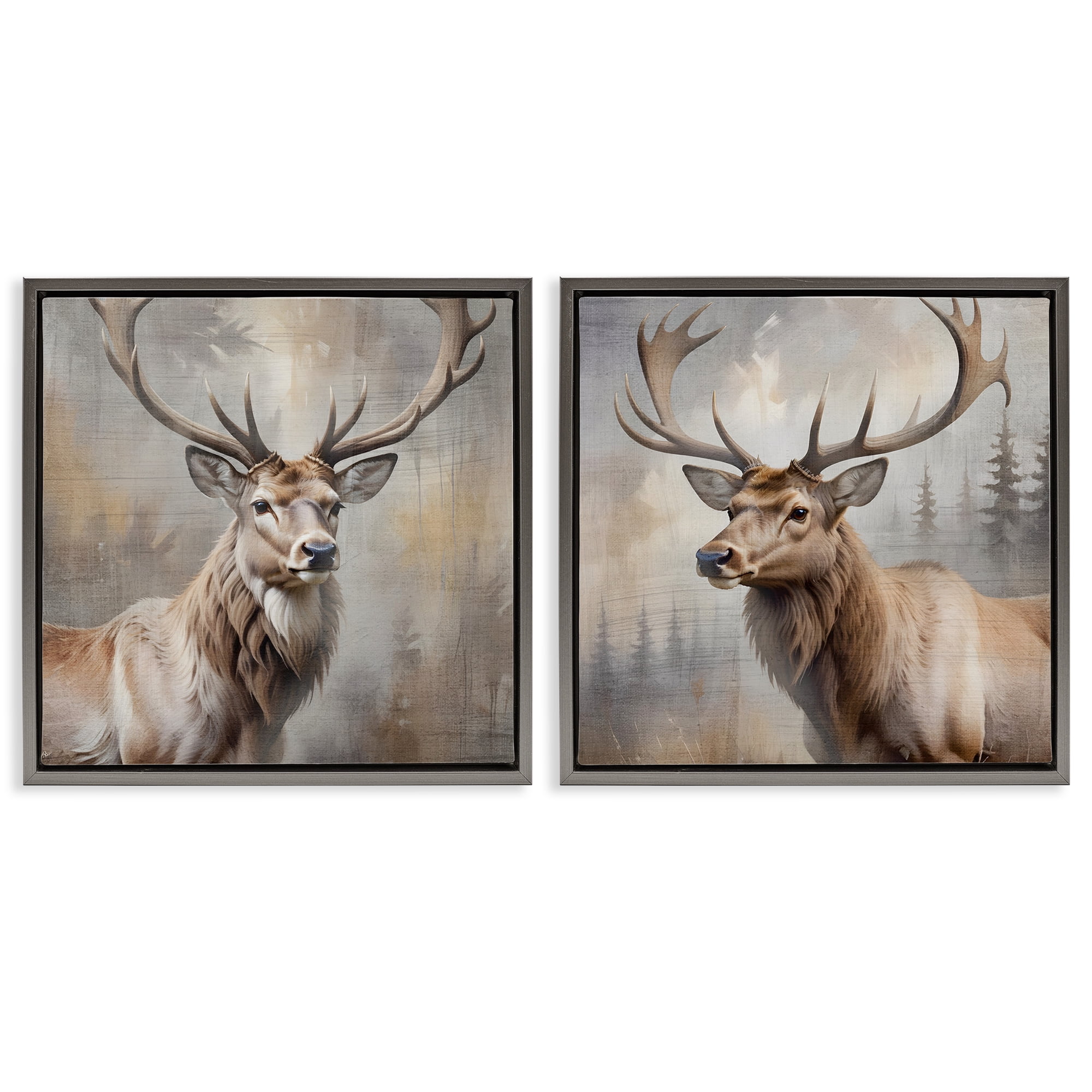 Stupell Industries Glancing Forest Stags 2 Piece Gray Framed Floater Canvas Set, design by Susan Arnot