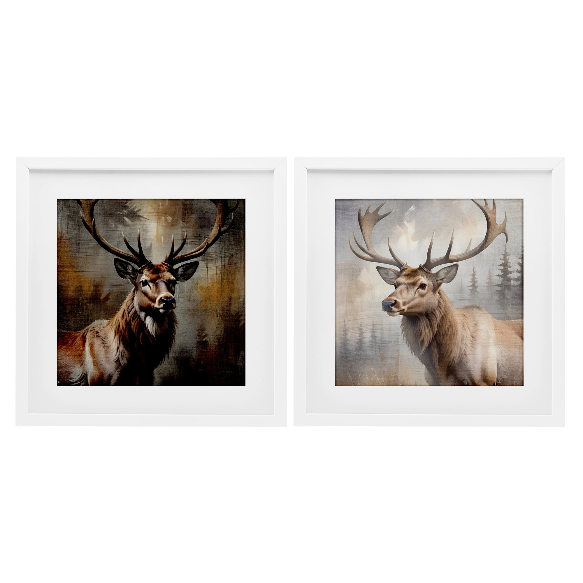 Stupell Industries Glancing Forest Stags 2 Piece White Framed Print Under Glass Set, design by Susan Arnot
