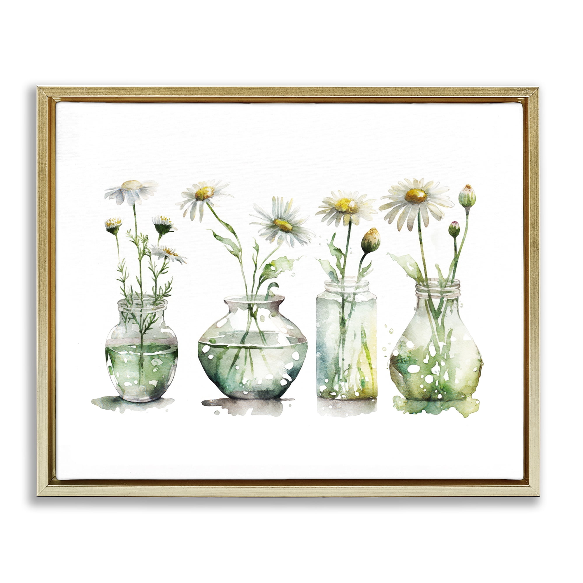Stupell Industries Glass Vases Daisies Plants & Flowers Painting Gold Floater Framed Canvas Art Print Wall Art, 31 x 25