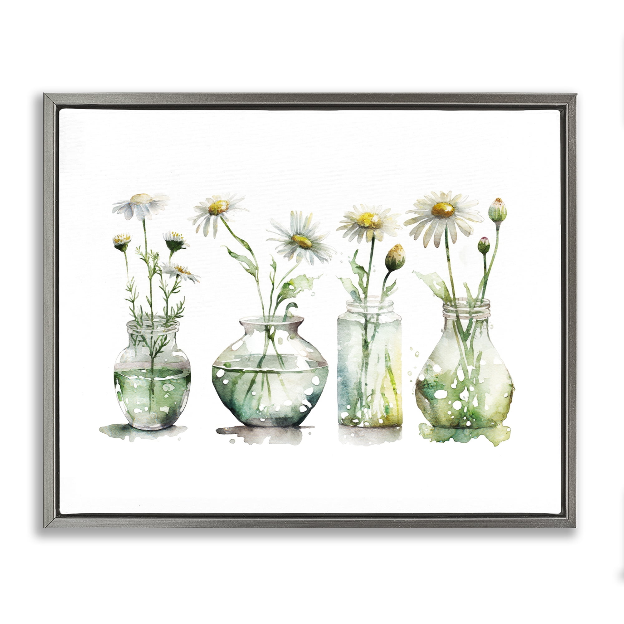 Stupell Industries Glass Vases Daisies Plants & Flowers Painting Gray Floater Framed Canvas Art Print Wall Art, 21 x 17