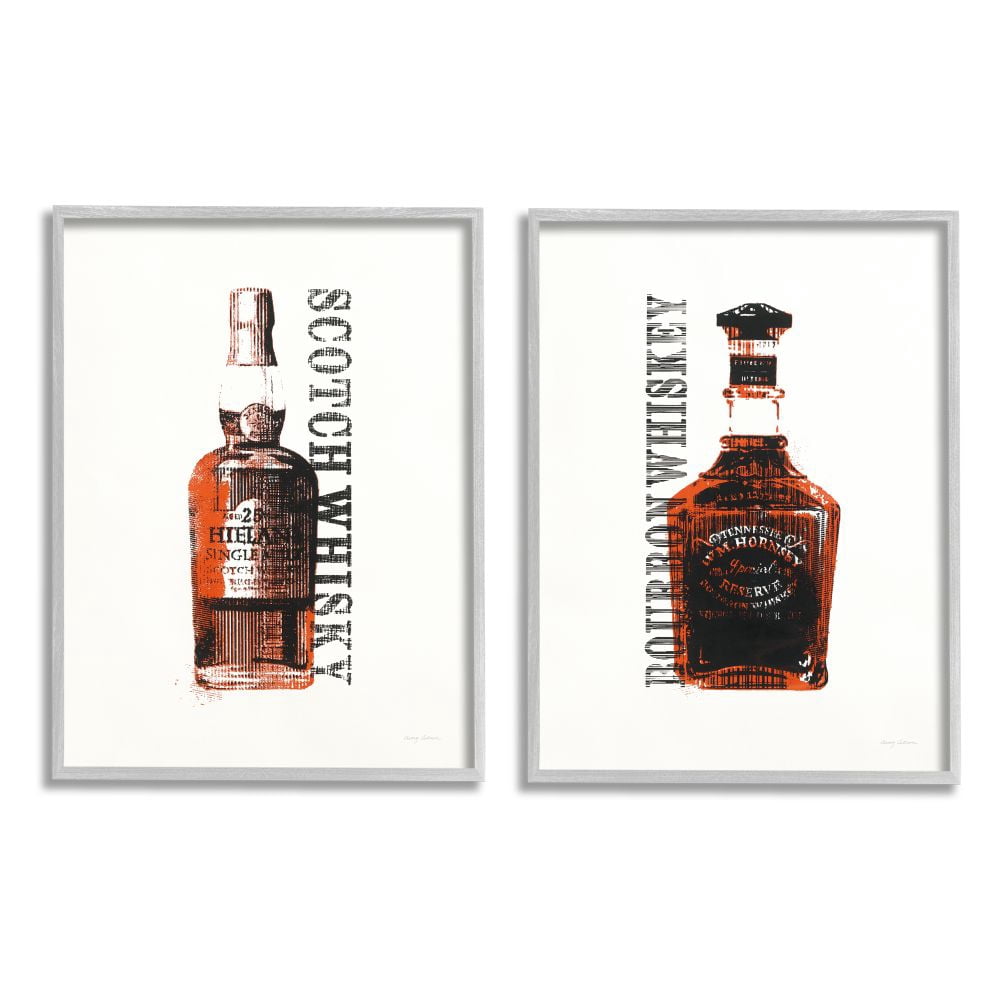 Stupell Industries Glass Whiskey Bottles Brown Black Alcohol Liquor Framed Wall Art Design by Avery Tillmon, 2 Piece, 16" x 20", Gray Framed