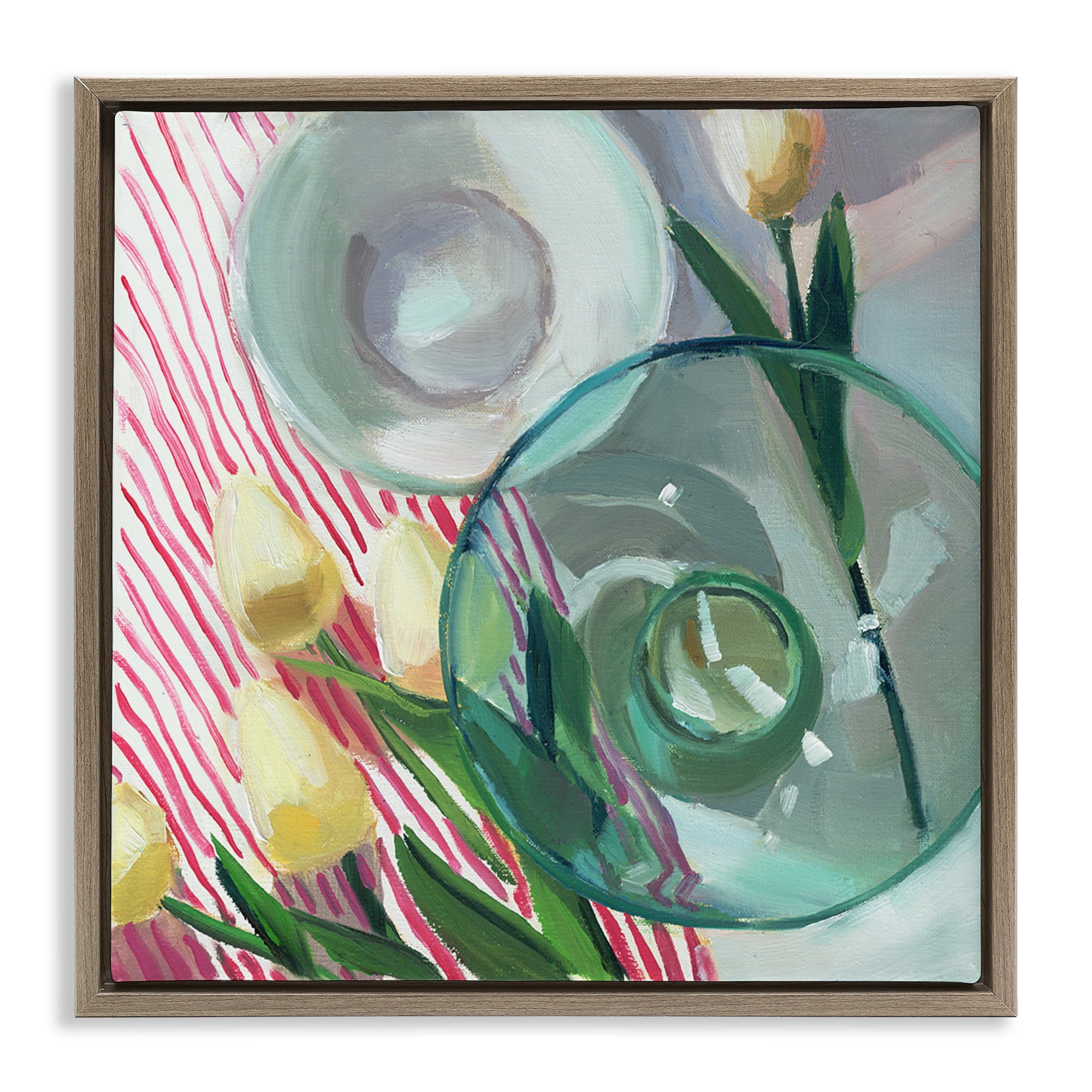 Stupell Industries Glasses & Tulips Still Life Plants & Flowers Painting Brown Floater Framed Canvas Art Print Wall Art, 18 x 18
