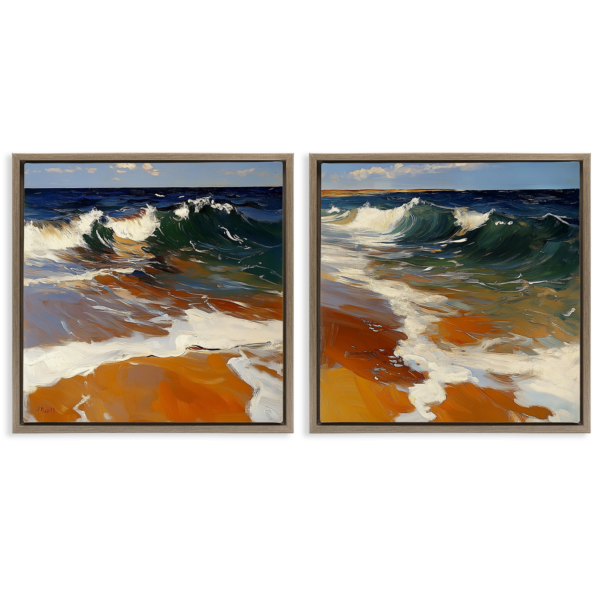 Stupell Industries Glassy Coastal Break 2 Piece Brown Framed Floater Canvas Set, design by Walker Noble