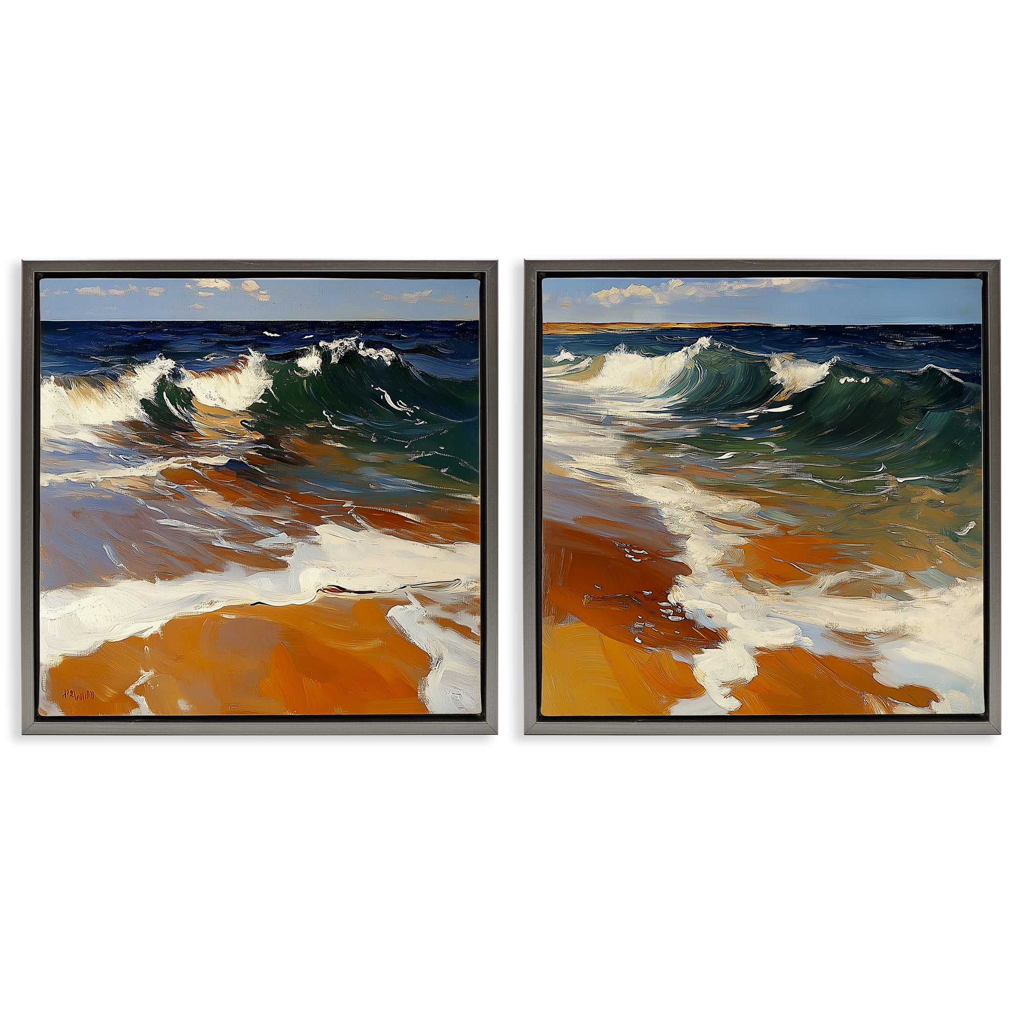Stupell Industries Glassy Coastal Break 2 Piece Gray Framed Floater Canvas Set, design by Walker Noble