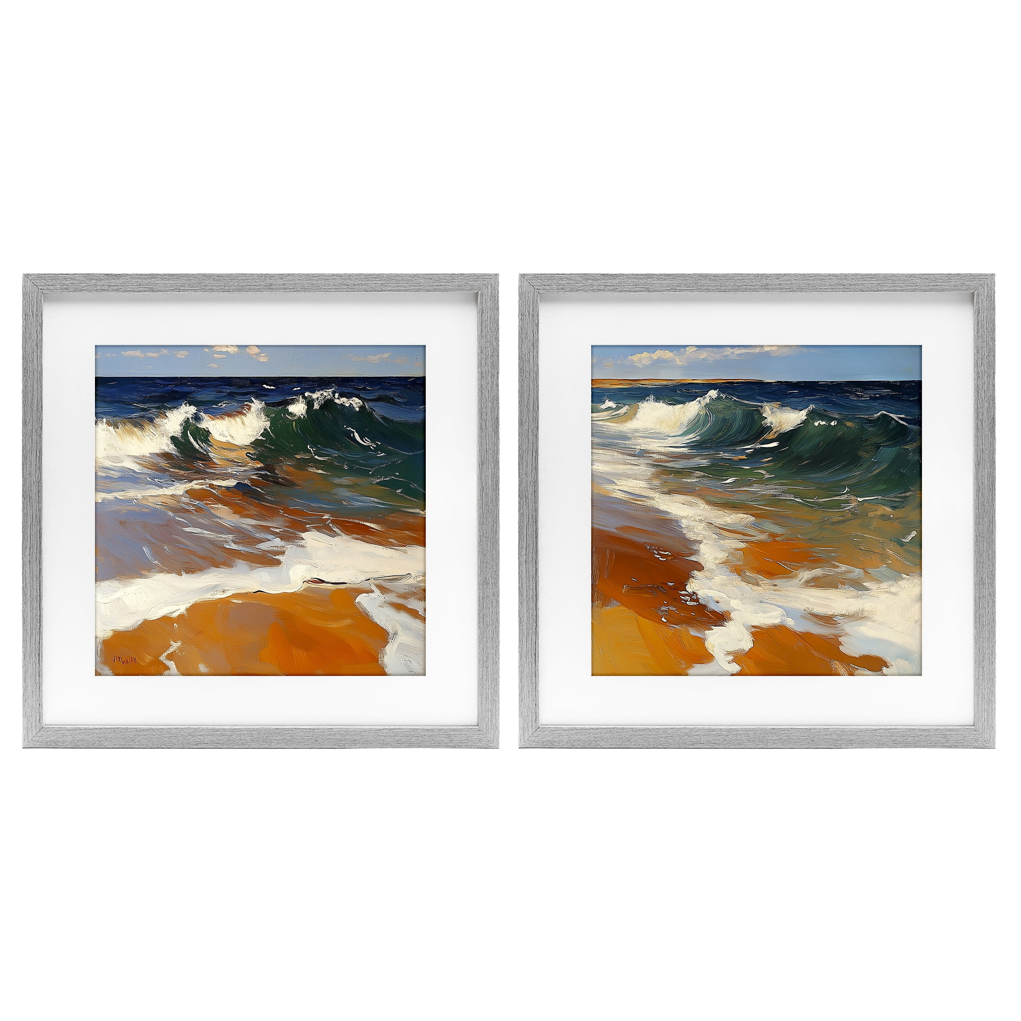 Stupell Industries Glassy Coastal Break 2 Piece Gray Framed Print Under Glass Set, design by Walker Noble
