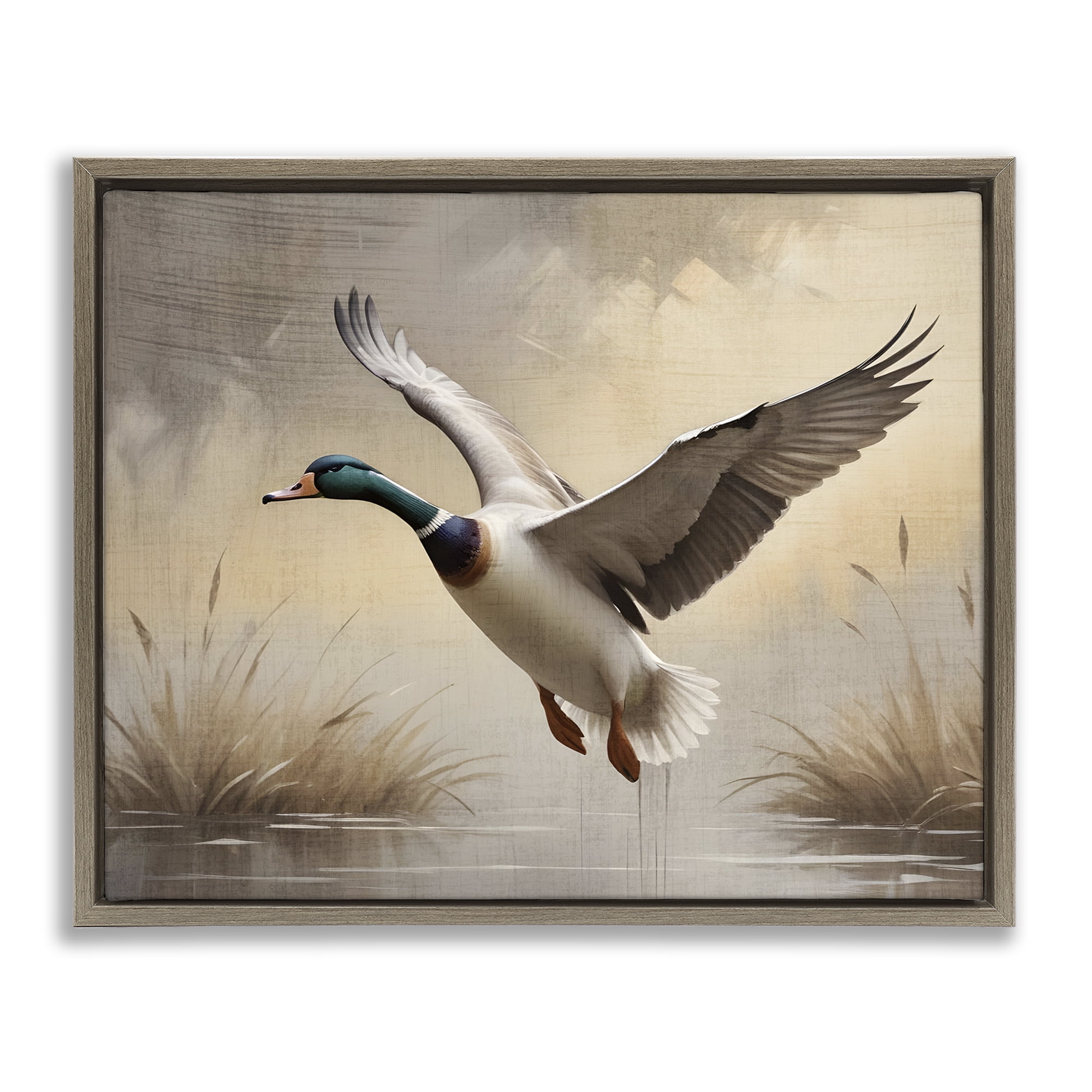 Stupell Industries Gliding Mallard over Wetlands Brown Framed Floater Canvas Wall Art, design by Susan Arnot