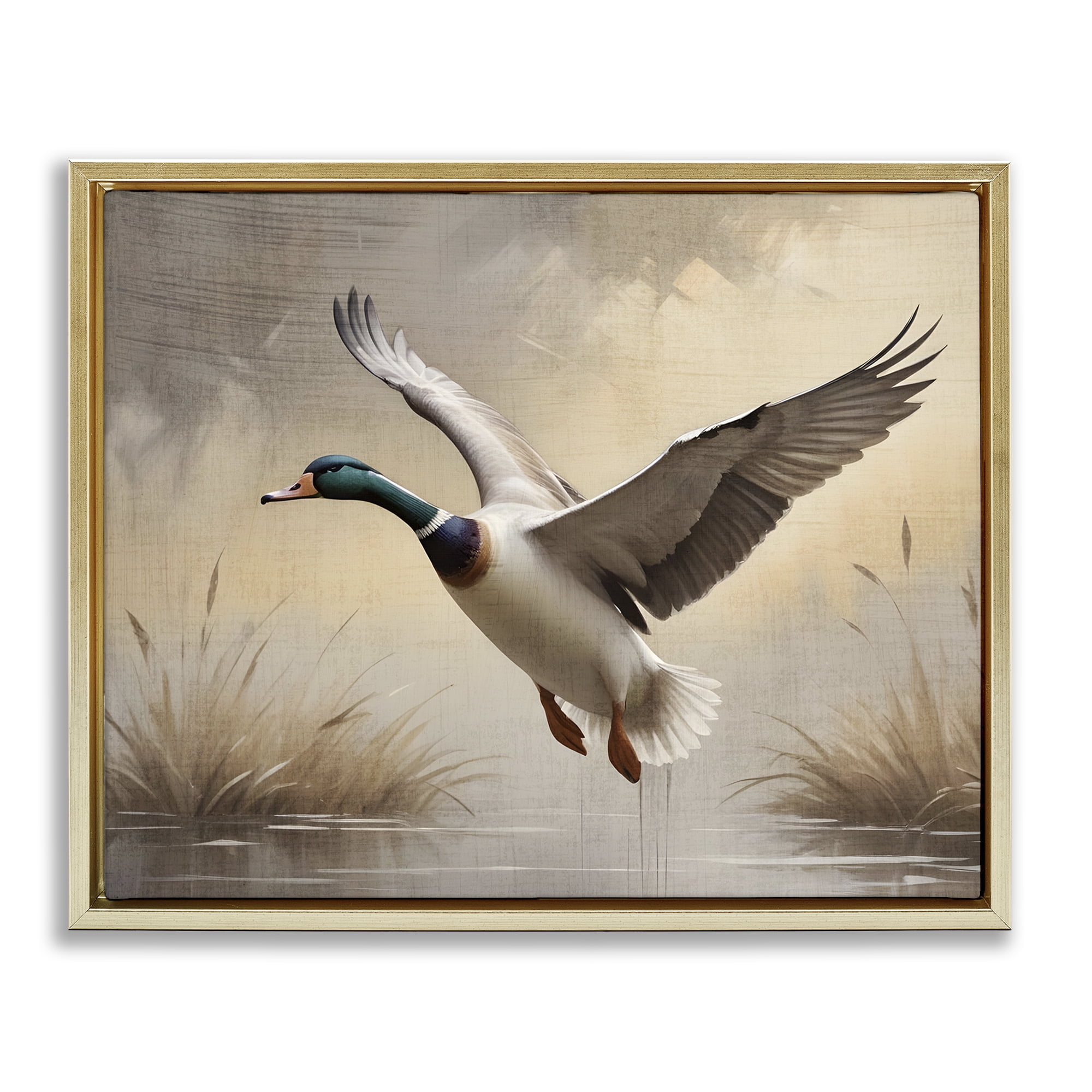 Stupell Industries Gliding Mallard over Wetlands Gold Framed Floater Canvas Wall Art, design by Susan Arnot