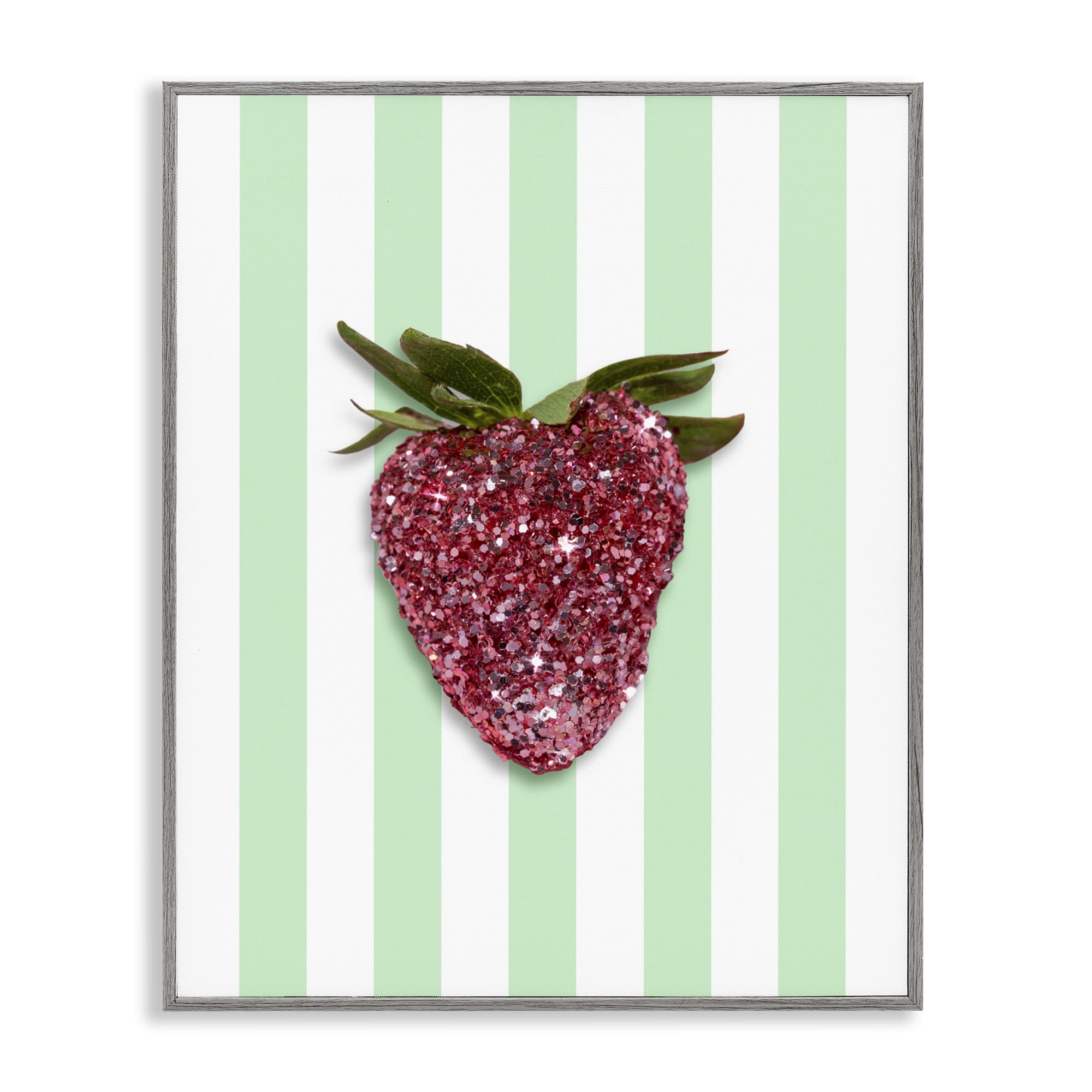 Stupell Industries Glimmer Cherry on Green Stripes Gray Framed Giclee Art, design by LISH Creative