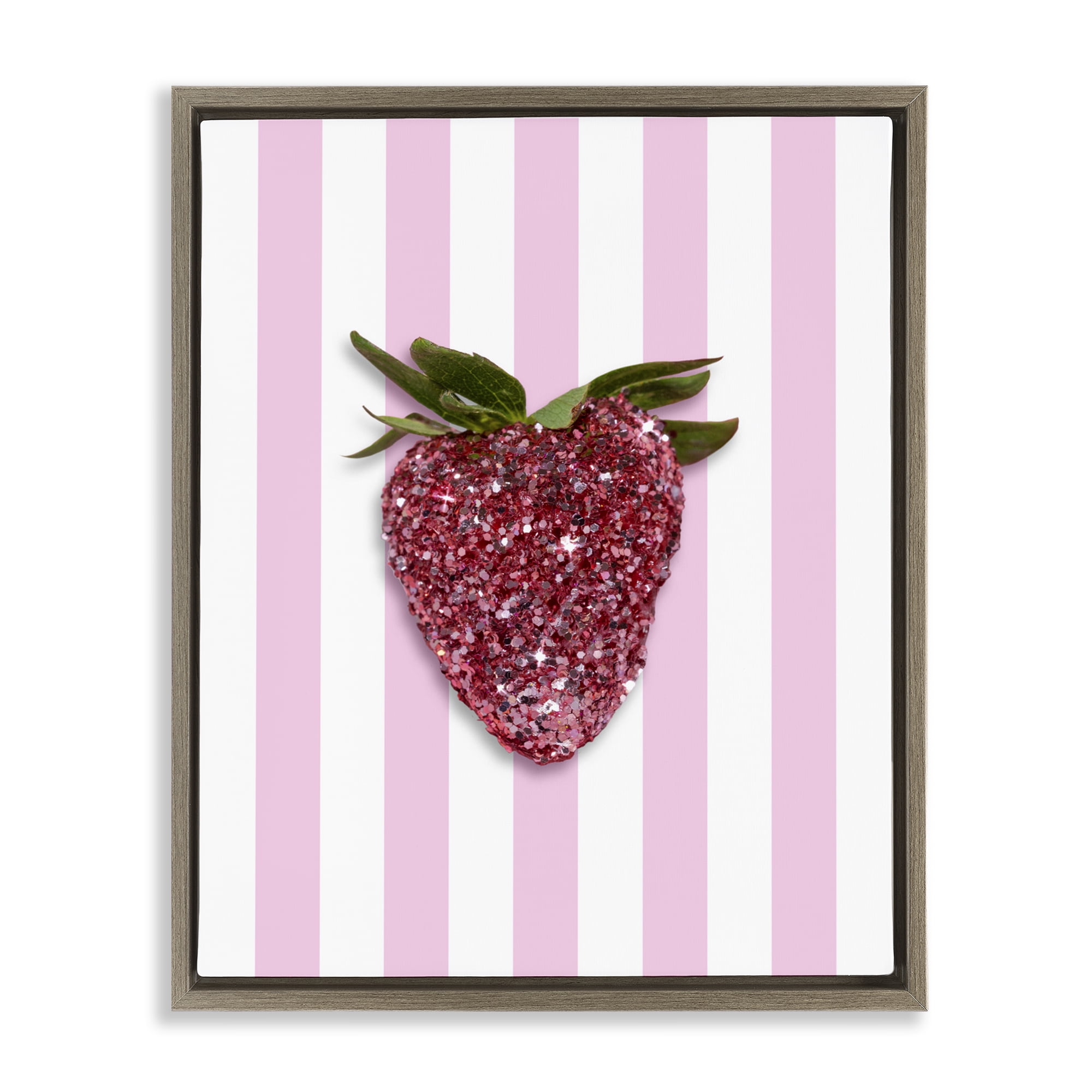 Stupell Industries Glimmer Strawberry on Green Stripes Brown Framed Floater Canvas Wall Art, design by LISH Creative