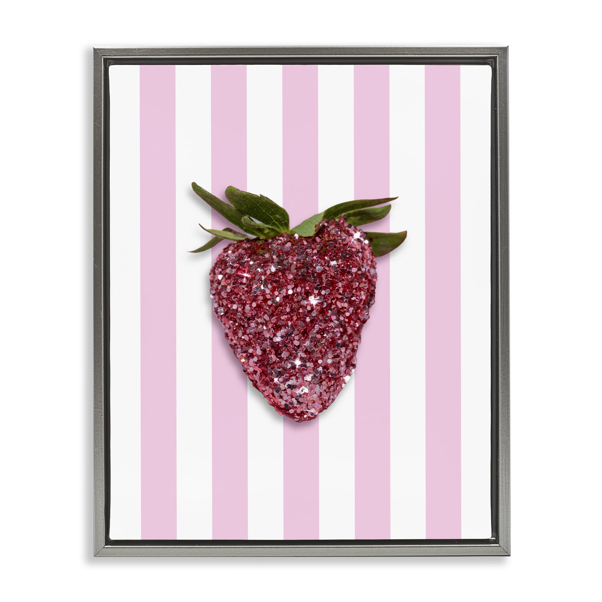 Stupell Industries Glimmer Strawberry on Green Stripes Gray Framed Floater Canvas Wall Art, design by LISH Creative