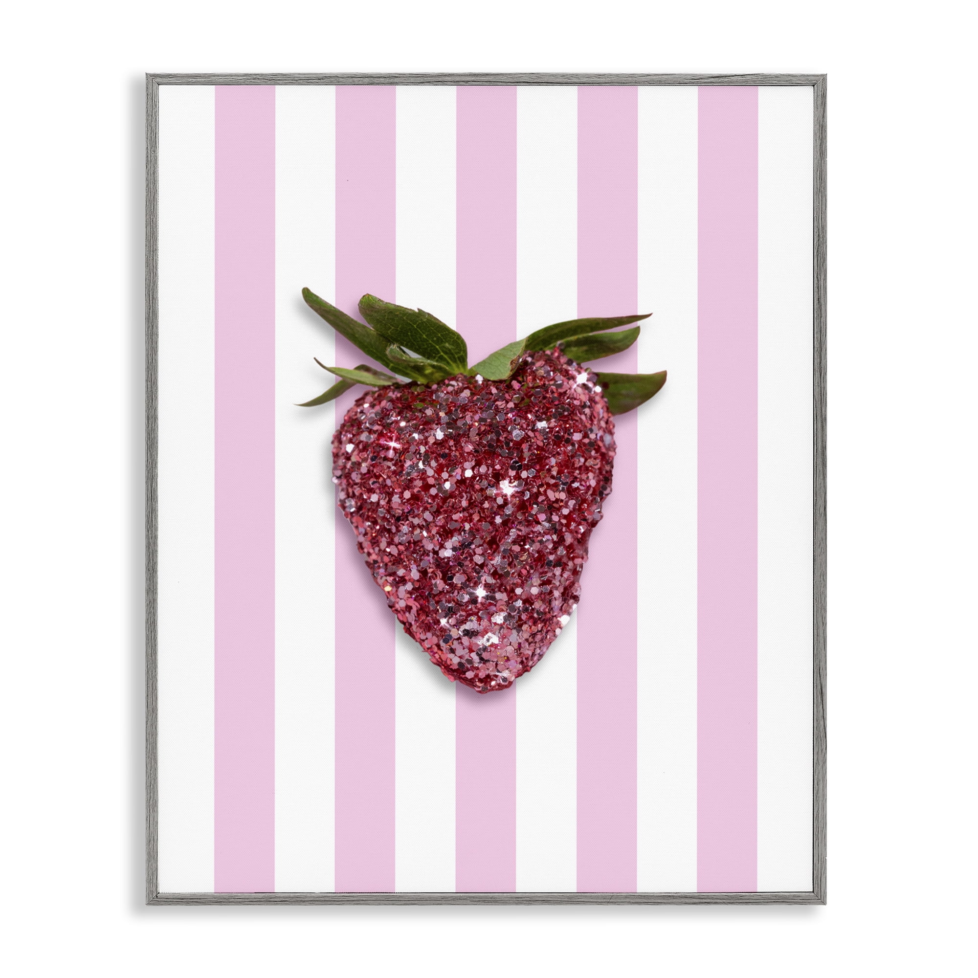 Stupell Industries Glimmer Strawberry on Green Stripes Gray Framed Giclee Art, design by LISH Creative
